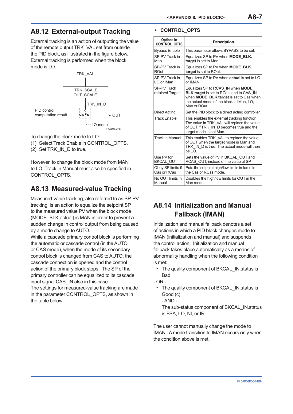 A8.12 external-output tracking, A8.13 measured-value tracking, A8.14 initialization and manual fallback (iman) | A8.12 external-output, Tracking, A8-7, A8.13 measured-value, A8.14 | Yokogawa digitalYEWFLO (DY-FF) User Manual | Page 133 / 168