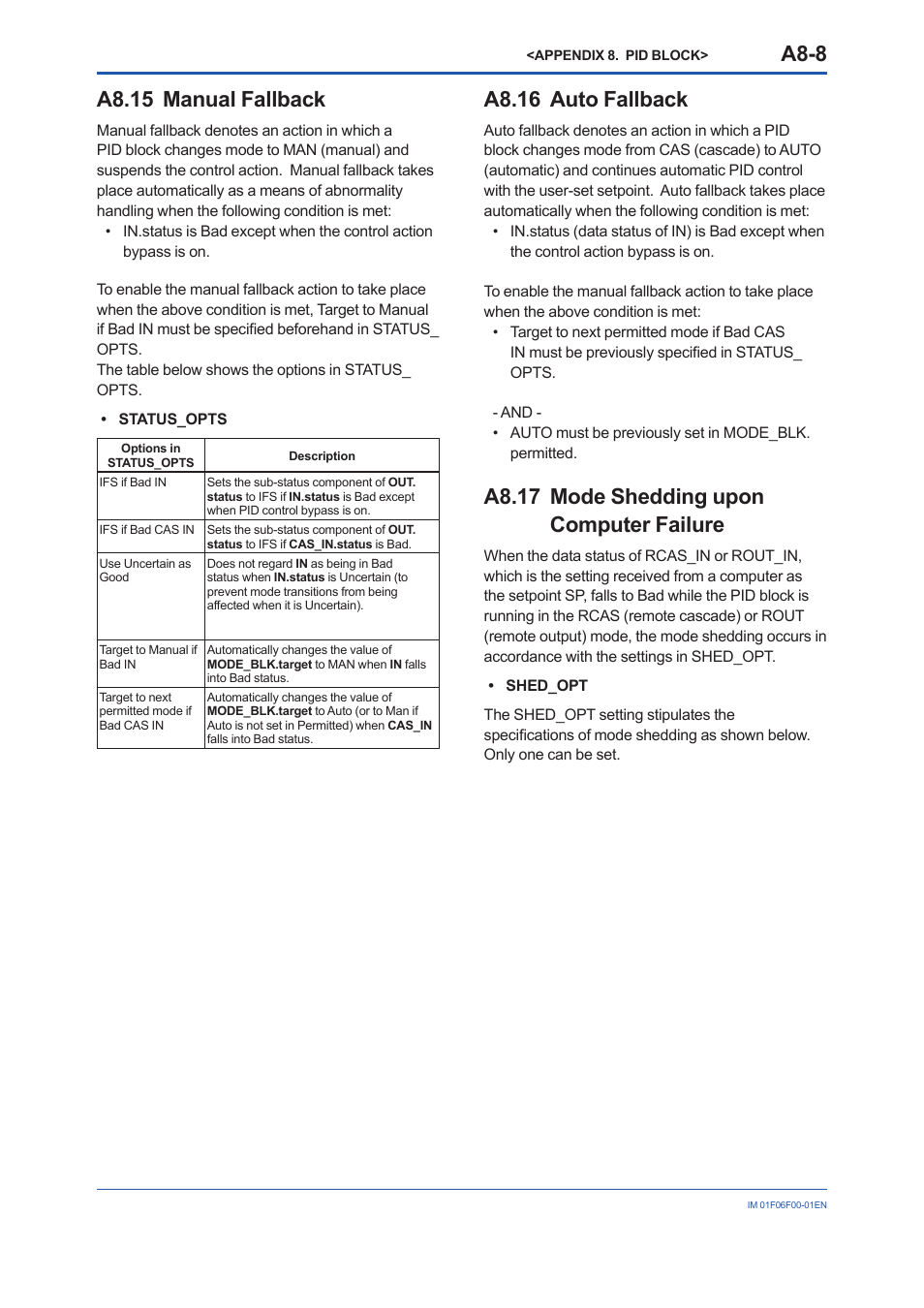 A8.15 manual fallback, A8.16 auto fallback, A8.17 mode shedding upon computer failure | A8.15 manual, Fallback, A8-8, A8.16 auto, A8.17 | Yokogawa digitalYEWFLO (DY-FF) User Manual | Page 134 / 168