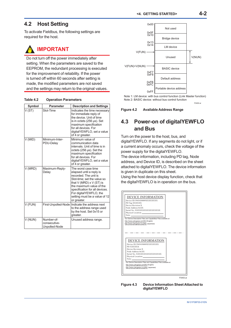 2 host setting, 3 power-on of digitalyewflo and bus, 2 host | Setting, Power-on of digitalyewflo and bus -2, Important | Yokogawa digitalYEWFLO (DY-FF) User Manual | Page 15 / 168