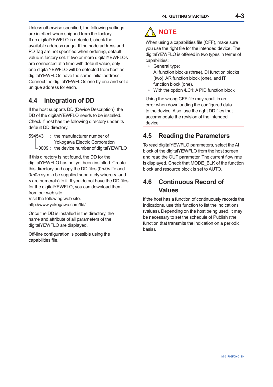 4 integration of dd, 5 reading the parameters, 6 continuous record of values | Integration of dd -3, Reading the parameters -3, Continuous record of values -3 | Yokogawa digitalYEWFLO (DY-FF) User Manual | Page 16 / 168