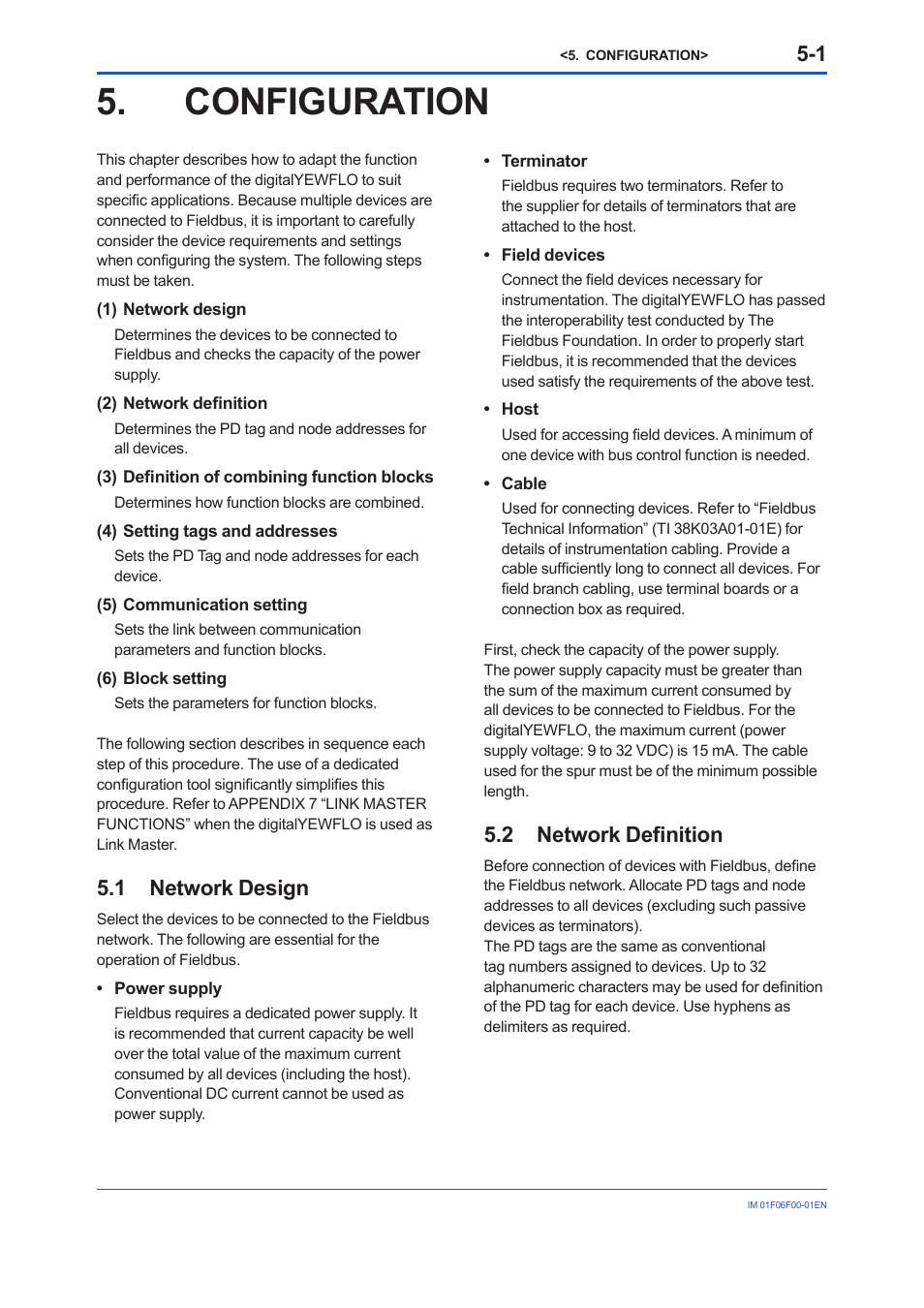 Configuration, 1 network design, 2 network definition | 1 network, Design, 2 network, Defi nition -1, 2 network defi nition | Yokogawa digitalYEWFLO (DY-FF) User Manual | Page 18 / 168