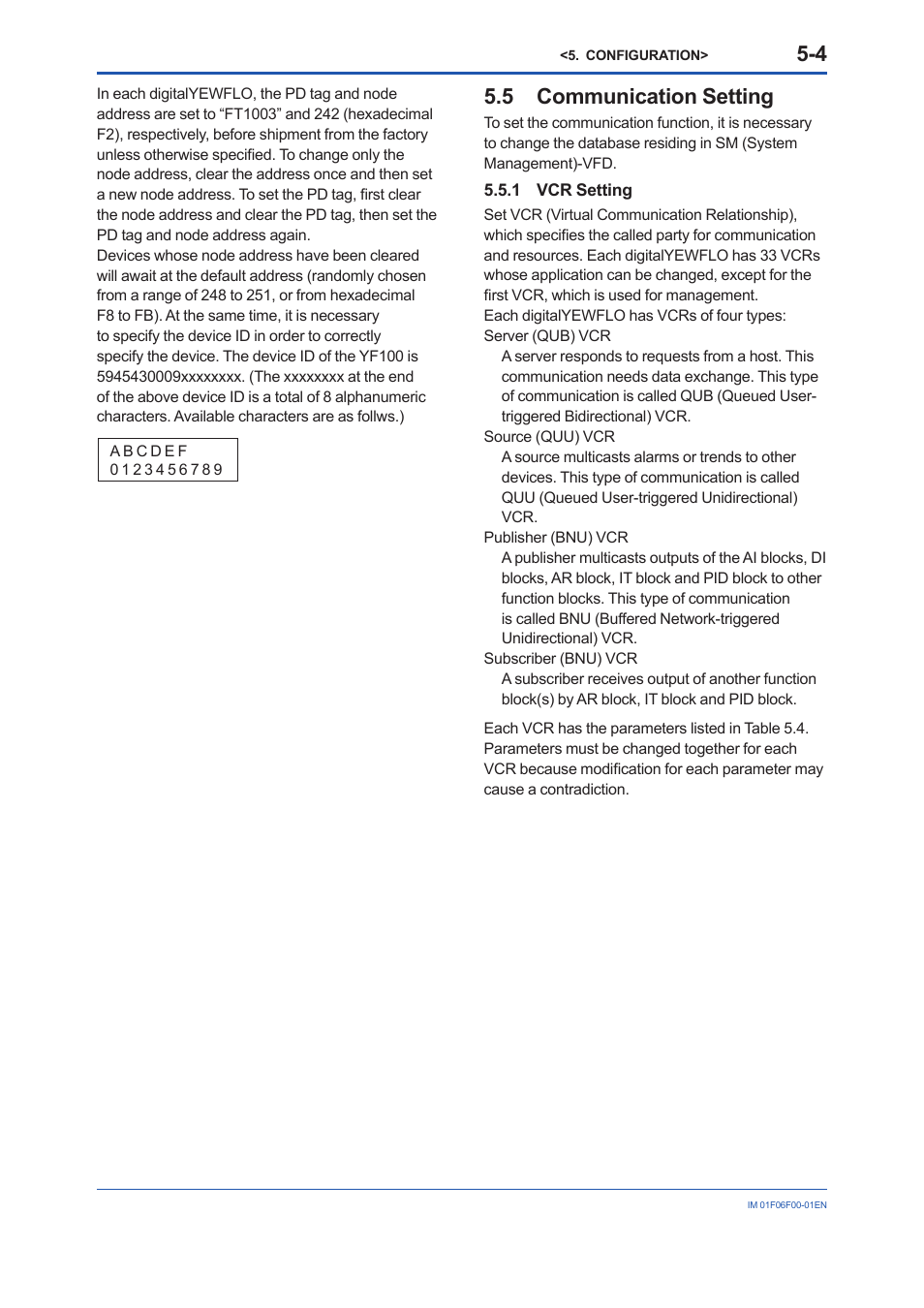 5 communication setting, 1 vcr setting, 5 communication | Setting, 1 vcr | Yokogawa digitalYEWFLO (DY-FF) User Manual | Page 21 / 168
