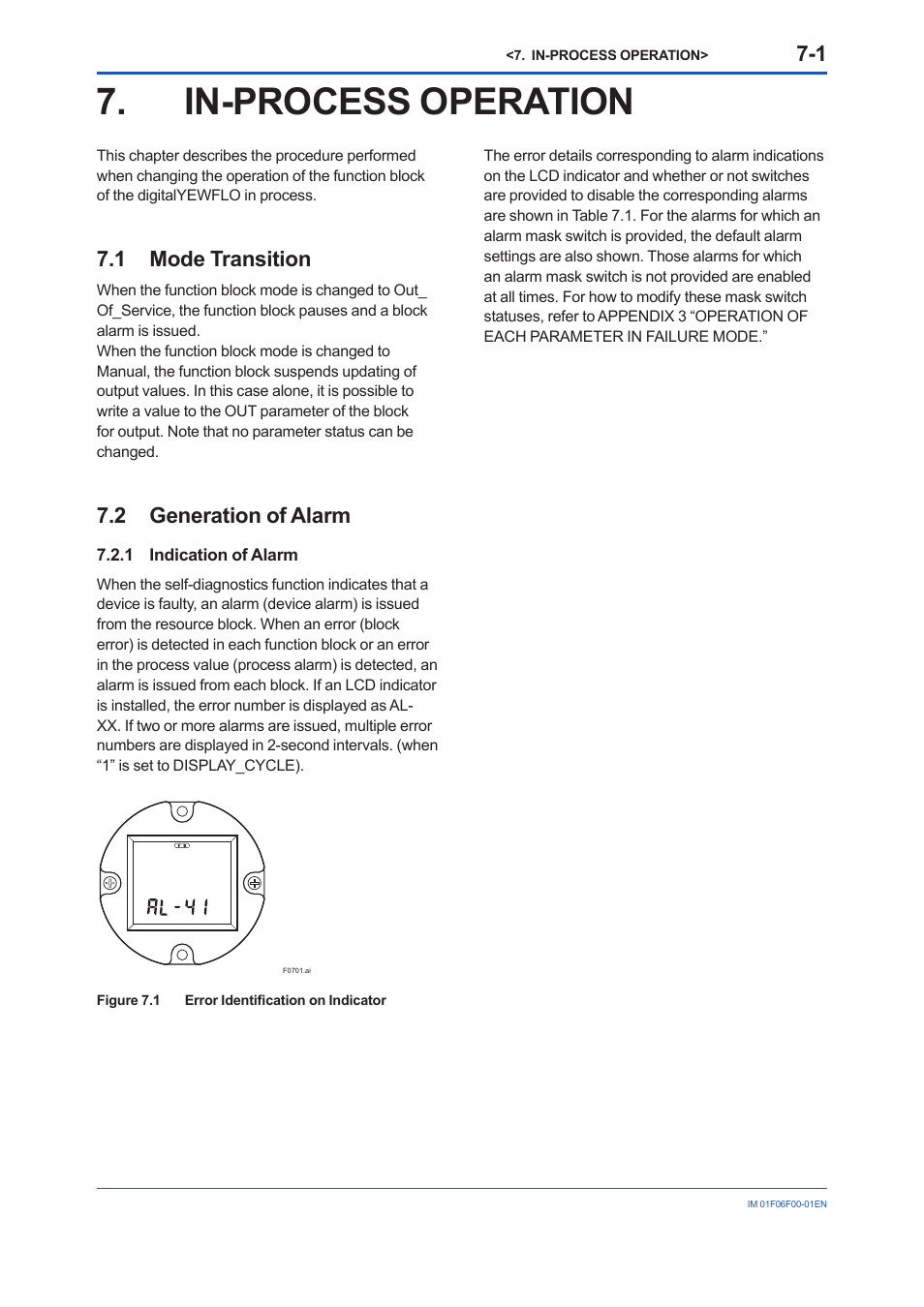 In-process operation, 1 mode transition, 2 generation of alarm | 1 indication of alarm, In-process, Operation, 1 mode, Transition, 2 generation, Alarm | Yokogawa digitalYEWFLO (DY-FF) User Manual | Page 39 / 168