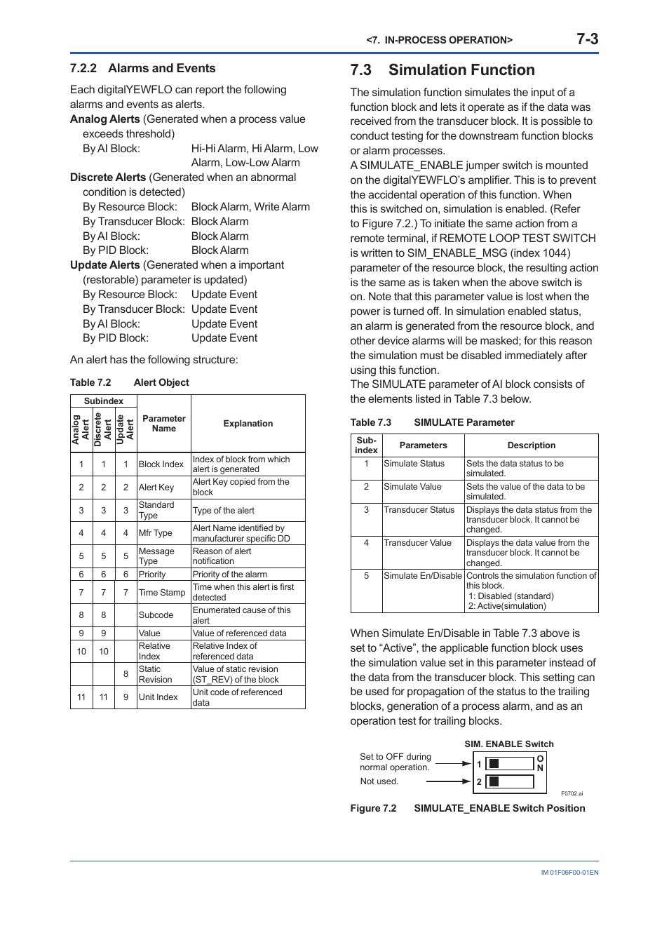 2 alarms and events, 3 simulation function, Alarms and events -3 | 3 simulation, Function | Yokogawa digitalYEWFLO (DY-FF) User Manual | Page 41 / 168