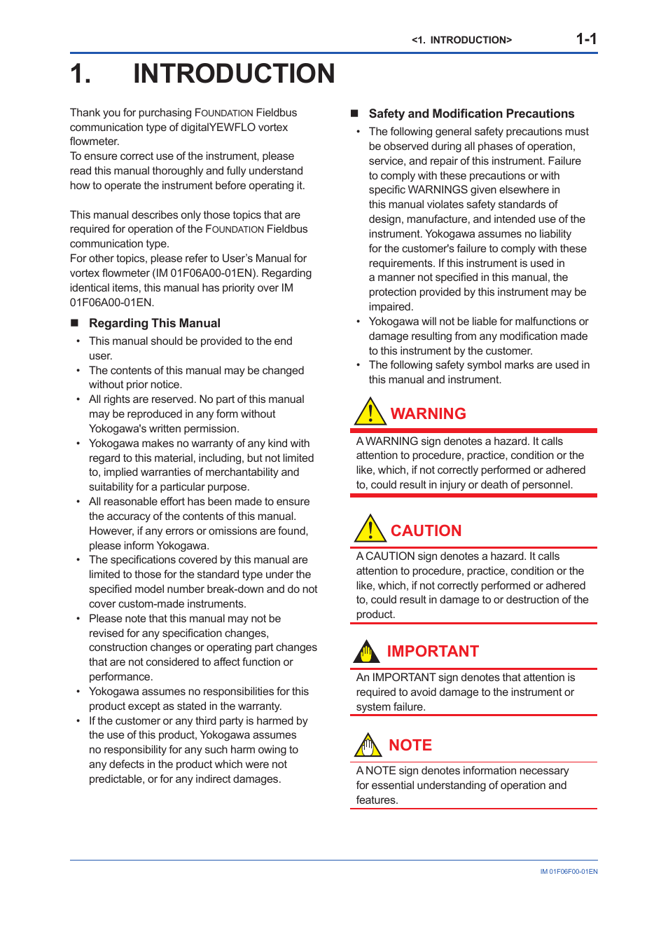 Introduction, Warning, Caution | Important | Yokogawa digitalYEWFLO (DY-FF) User Manual | Page 7 / 168