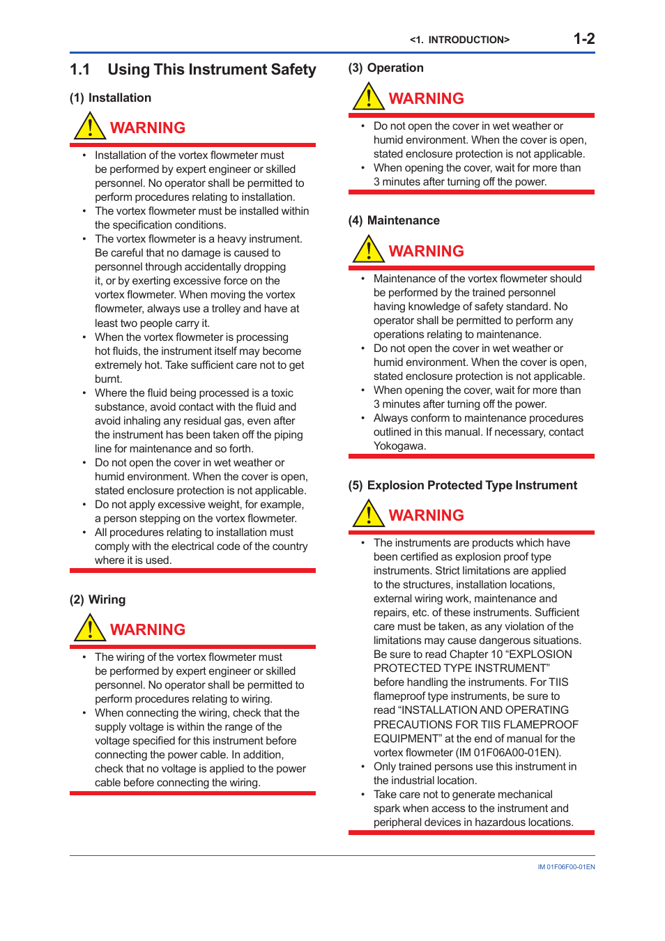1 using this instrument safety, Using this instrument safety -2, Warning | Yokogawa digitalYEWFLO (DY-FF) User Manual | Page 8 / 168