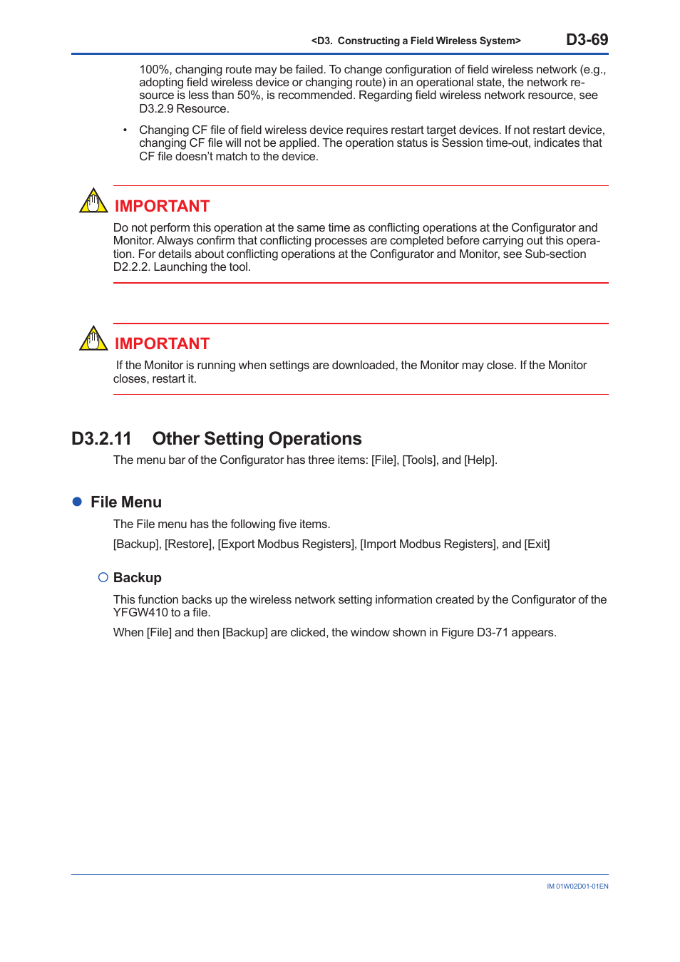 D3.2.11 other setting operations, D3-69, Important | Lfile menu | Yokogawa YFGW410 User Manual | Page 130 / 202