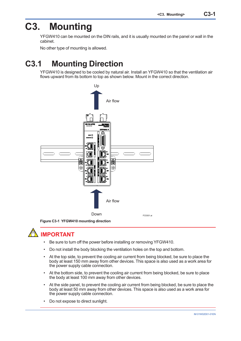 C3. mounting, C3.1 mounting direction, C3.1 | C3-1, Important | Yokogawa YFGW410 User Manual | Page 35 / 202