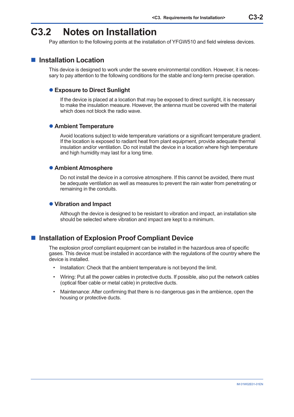 C3.2 notes on installation, C3.2, C3-2 | Ninstallation location, Ninstallation of explosion proof compliant device | Yokogawa YFGW510 User Manual | Page 29 / 89