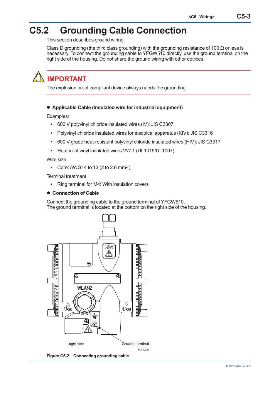 C5.2 grounding cable connection, C5.2, C5-3 | Important | Yokogawa YFGW510 User Manual | Page 35 / 89