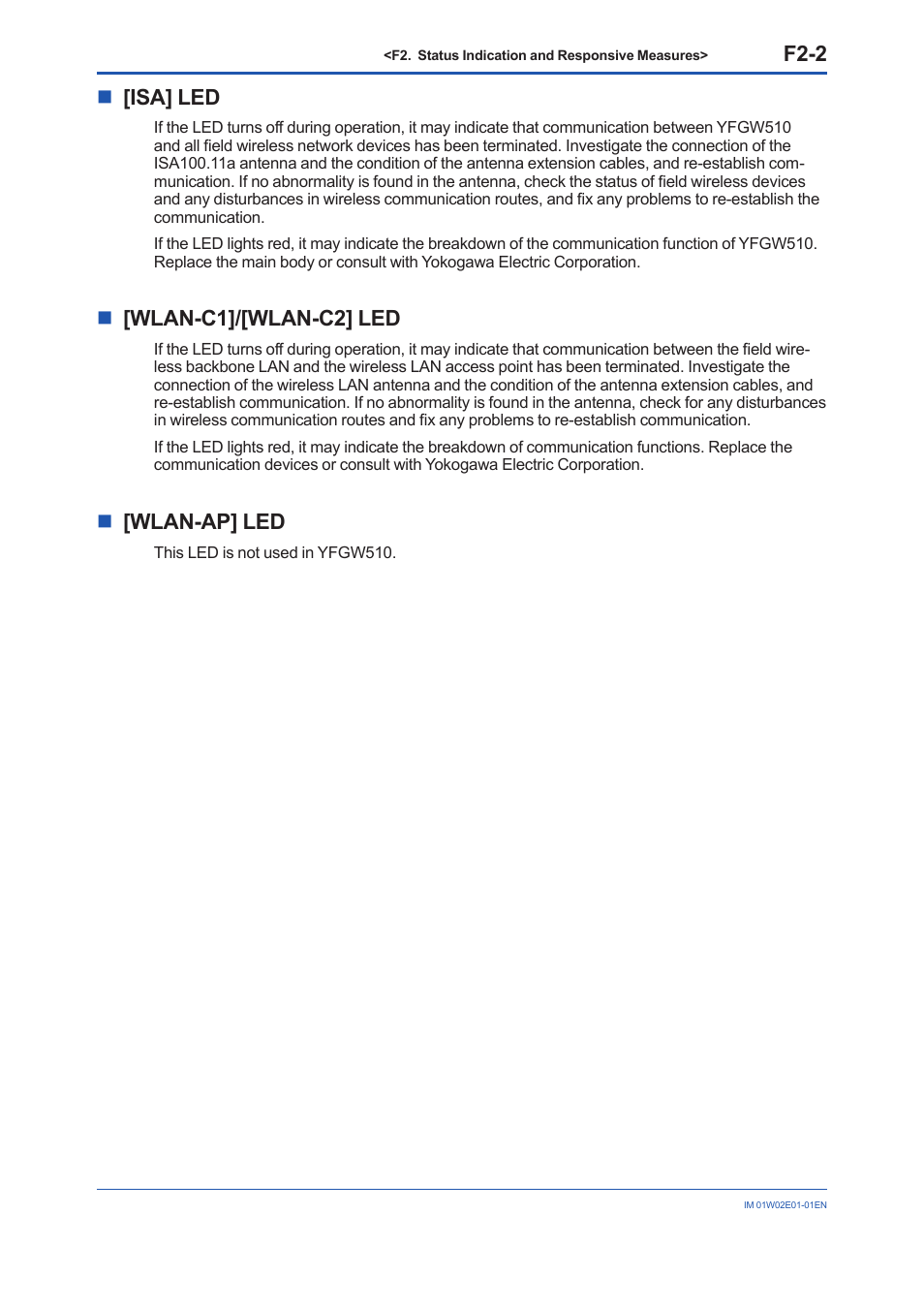 F2-2, N[isa] led, N[wlan-c1]/[wlan-c2] led | N[wlan-ap] led | Yokogawa YFGW510 User Manual | Page 78 / 89