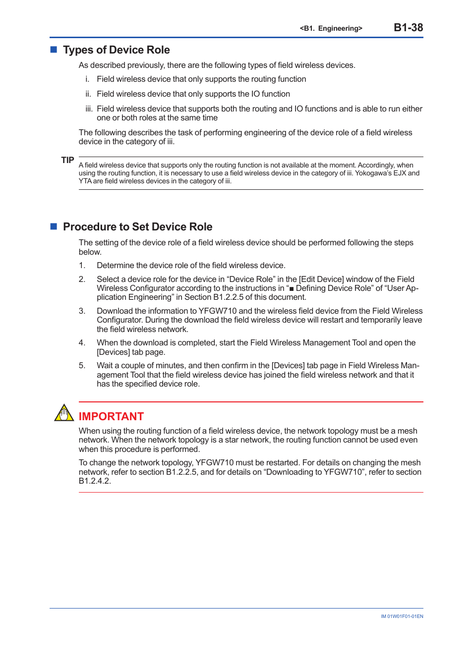 B1-38, Ntypes of device role, Nprocedure to set device role | Important | Yokogawa YFGW710 User Manual | Page 102 / 194