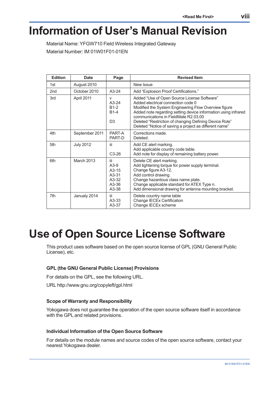 Information of user’s manual revision, Use of open source license software, Viii | Yokogawa YFGW710 User Manual | Page 16 / 194