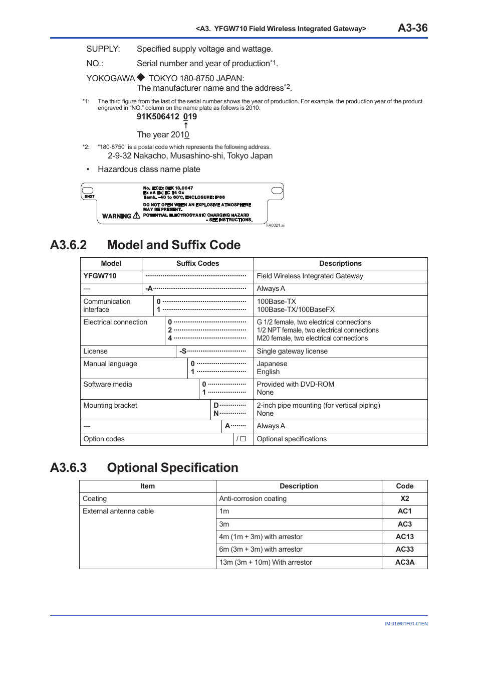 A3.6.2 model and suffix code, A3.6.3 optional specification, A3.6.2 | A3.6.3, A3-36 | Yokogawa YFGW710 User Manual | Page 56 / 194