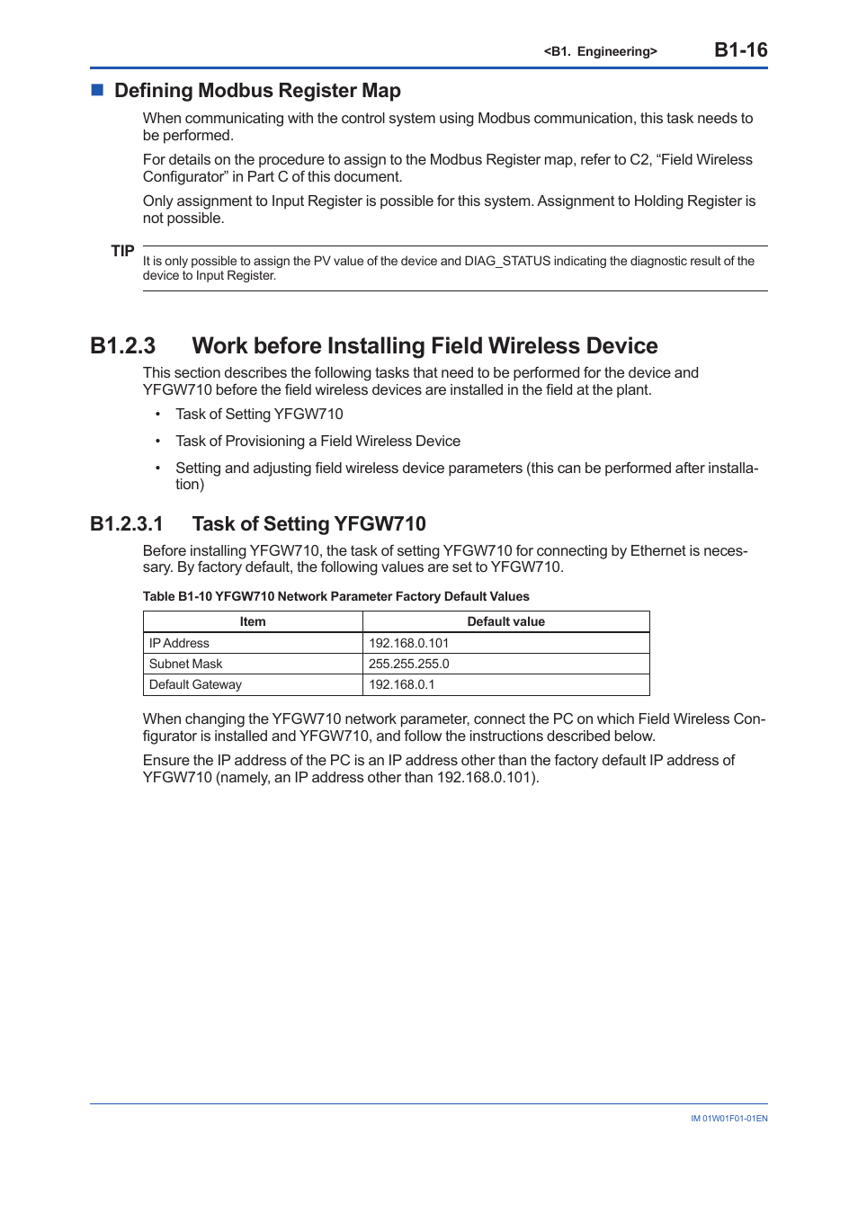 B1.2.3.1 task of setting yfgw710, B1.2.3, B1-16 | Ndefining modbus register map | Yokogawa YFGW710 User Manual | Page 80 / 194