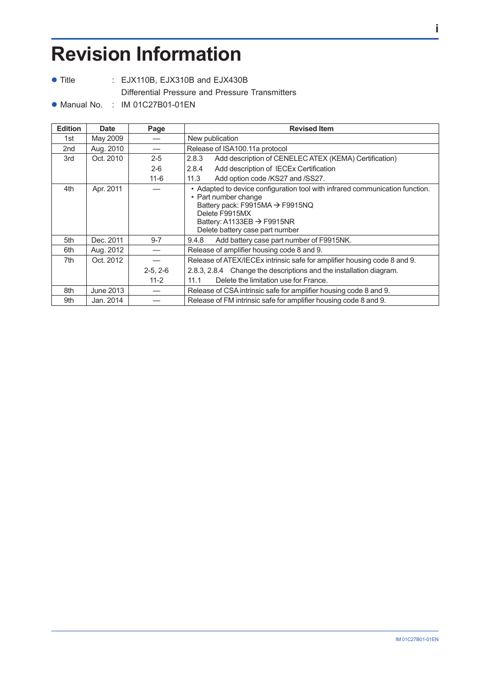 Revision information | Yokogawa EJX430B User Manual | Page 110 / 110