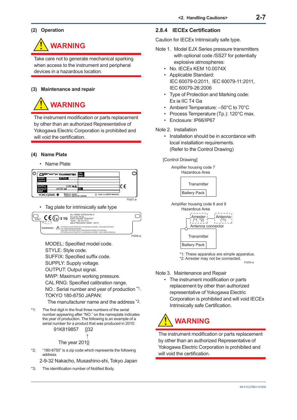 4 iecex certification, Iecex certification -7, Warning | Yokogawa EJX430B User Manual | Page 15 / 110