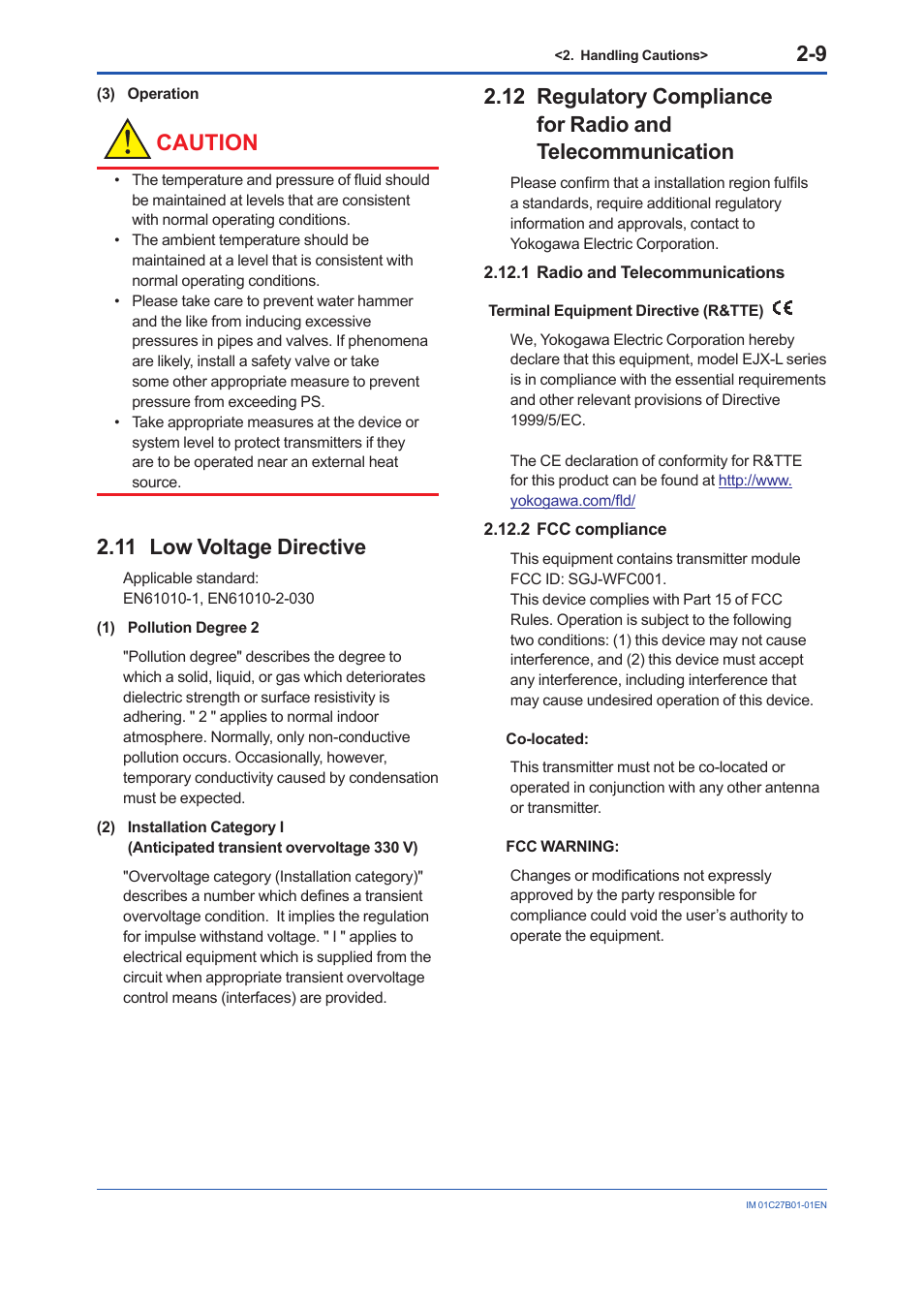 11 low voltage directive, 1 radio and telecommunications, 2 fcc compliance | Low voltage directive -9, Radio and telecommunications -9, Fcc compliance -9, Caution | Yokogawa EJX430B User Manual | Page 17 / 110