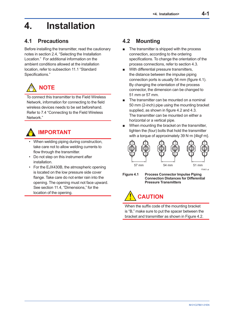 Installation, 1 precautions, 2 mounting | Installation -1, Precautions -1, Mounting -1, Caution, Important | Yokogawa EJX430B User Manual | Page 20 / 110