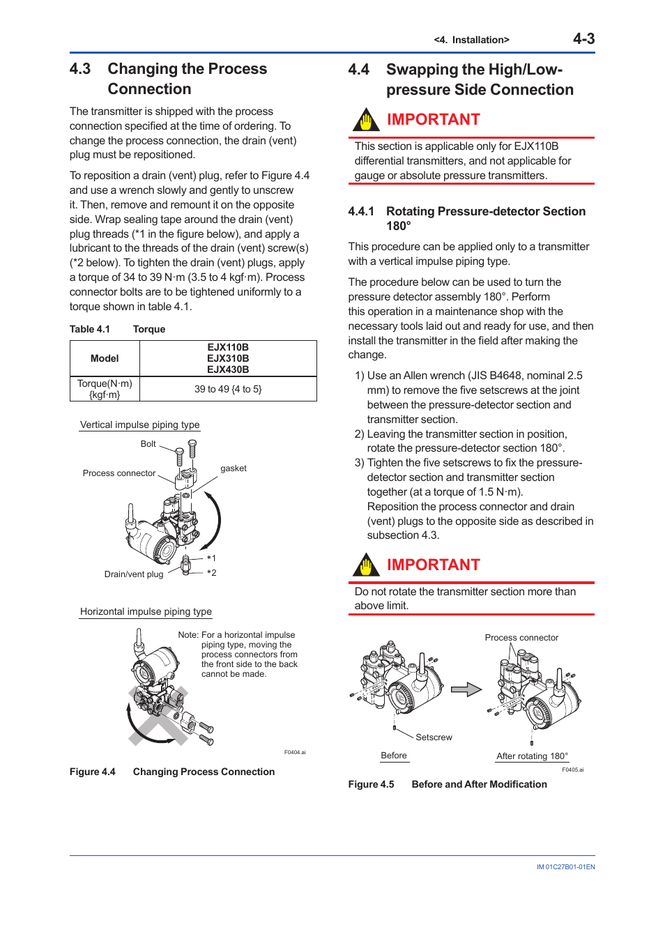 3 changing the process connection, 4 swapping the high/low-pressure side connection, 1 rotating pressure-detector section 180 | Changing the process connection -3, Rotating pressure-detector section 180° -3, Important | Yokogawa EJX430B User Manual | Page 22 / 110