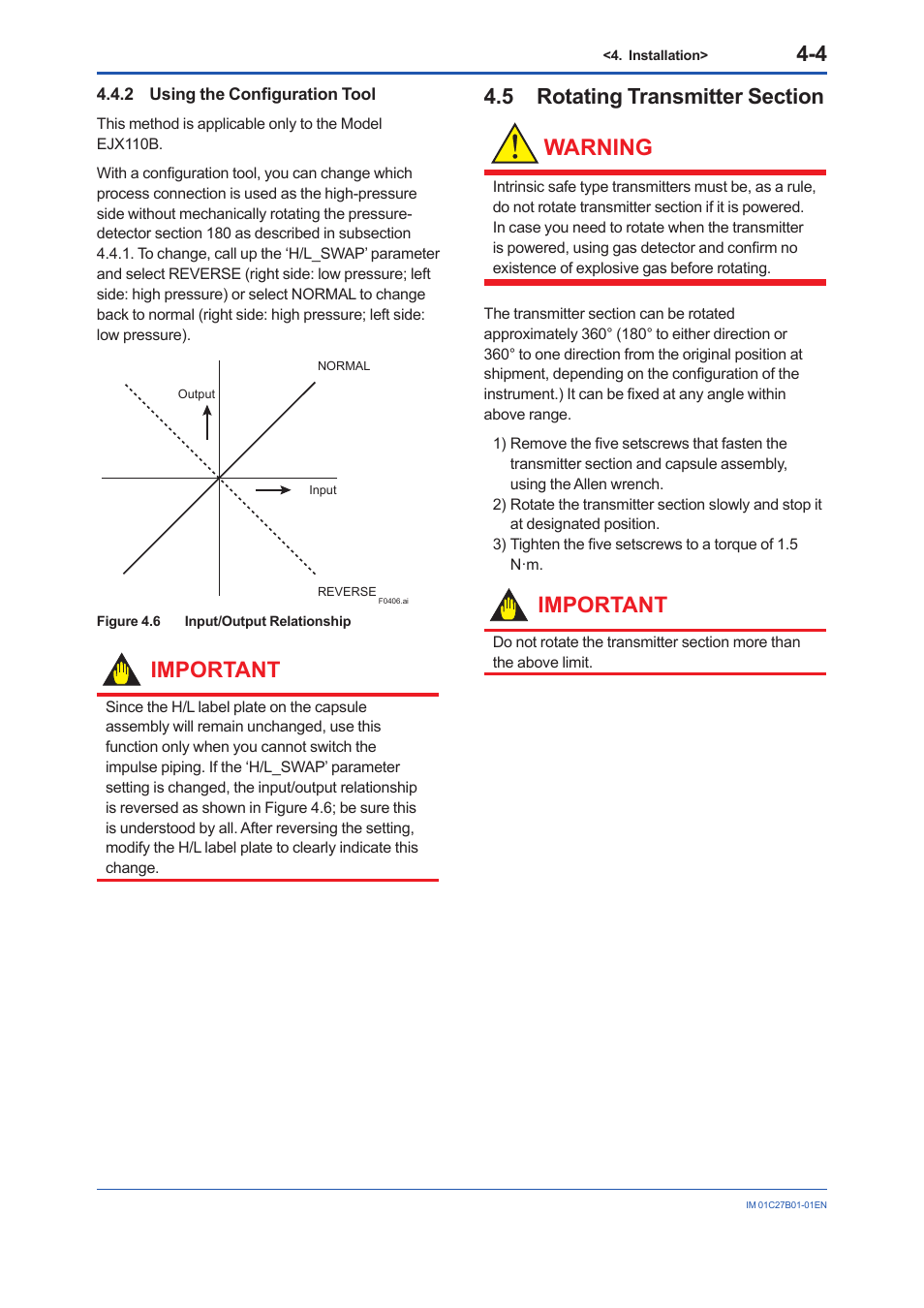2 using the configuration tool, 5 rotating transmitter section, Using the configuration tool -4 | Rotating transmitter section -4, Warning, Important | Yokogawa EJX430B User Manual | Page 23 / 110