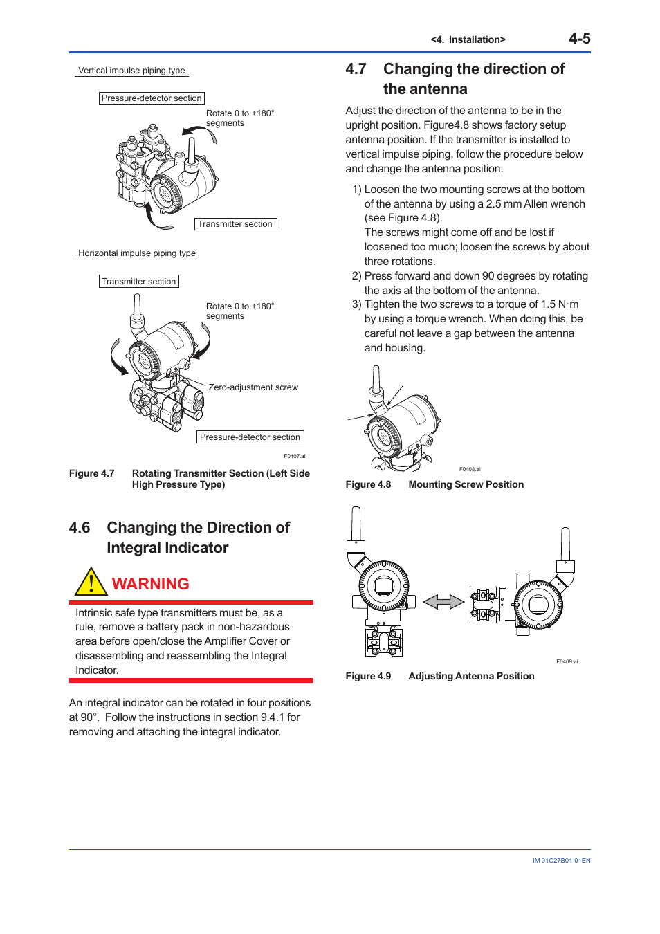 6 changing the direction of integral indicator, 7 changing the direction of the antenna, Changing the direction of integral indicator -5 | Changing the direction of the antenna -5, Warning | Yokogawa EJX430B User Manual | Page 24 / 110