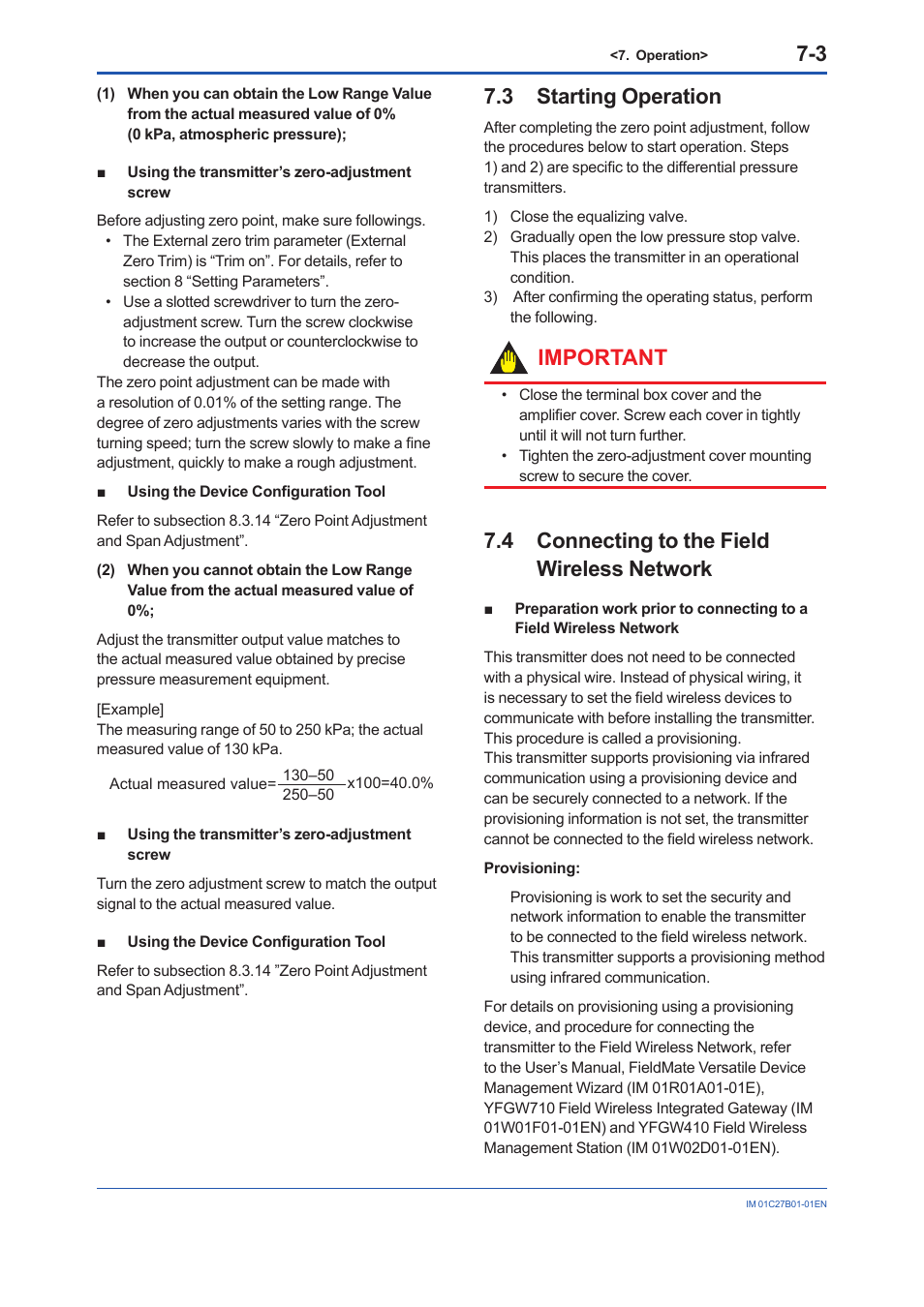 3 starting operation, 4 connecting to the field wireless network, Starting operation -3 | Connecting to the field wireless network -3, Important | Yokogawa EJX430B User Manual | Page 35 / 110