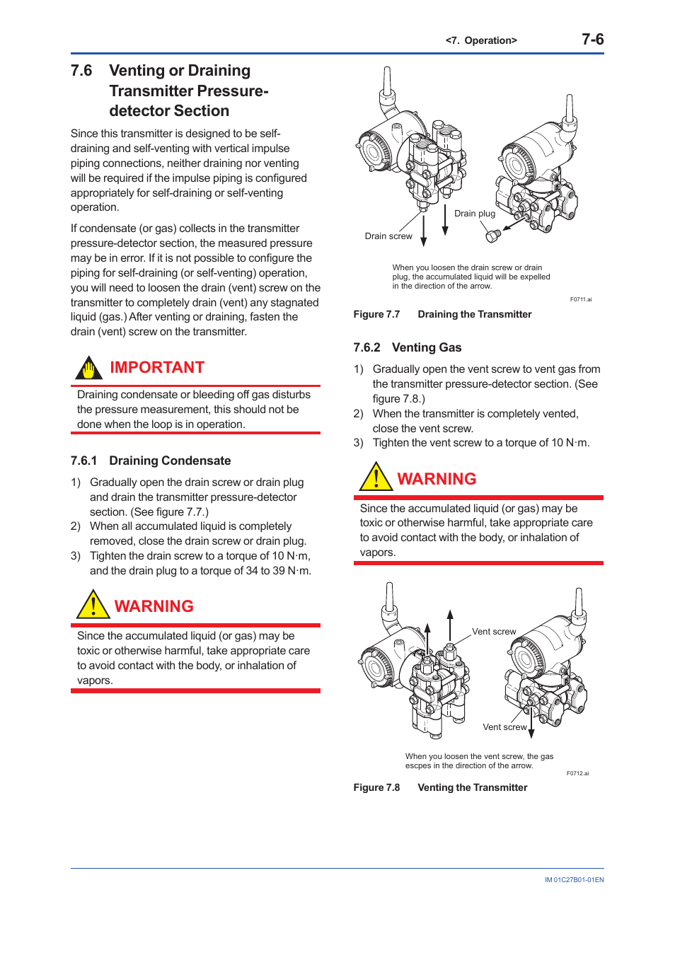1 draining condensate, 2 venting gas, Draining condensate -6 | Venting gas -6, Warning, Important | Yokogawa EJX430B User Manual | Page 38 / 110