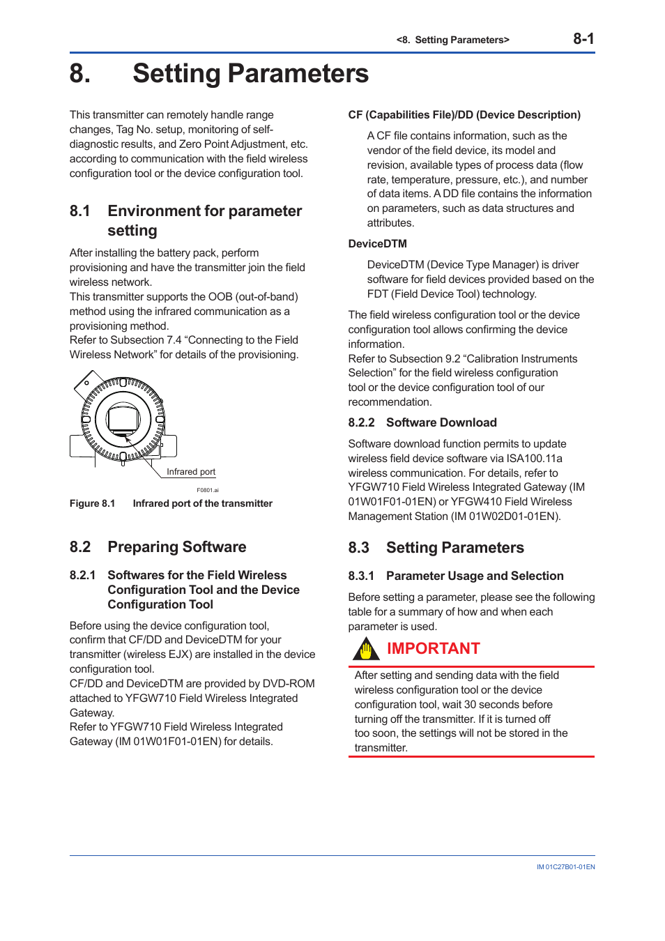 Setting parameters, 1 environment for parameter setting, 2 preparing software | 2 software download, 3 setting parameters, 1 parameter usage and selection, Setting parameters -1, Environment for parameter setting -1, Preparing software -1 8.2.1, Configuration tool -1 | Yokogawa EJX430B User Manual | Page 39 / 110