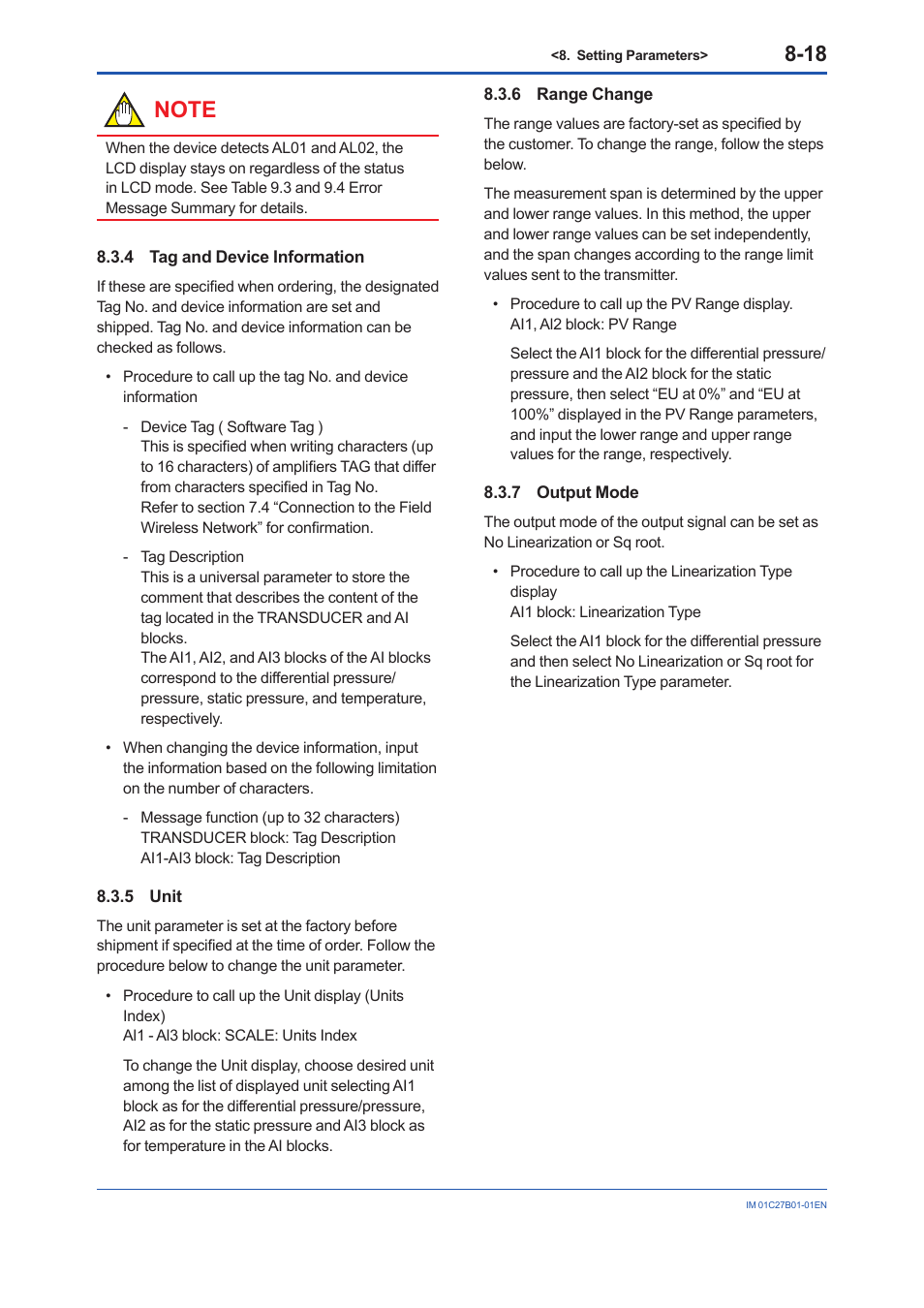 4 tag and device information, 5 unit, 6 range change | 7 output mode, Tag and device information -18, Unit -18, Range change -18, Output mode -18 | Yokogawa EJX430B User Manual | Page 56 / 110