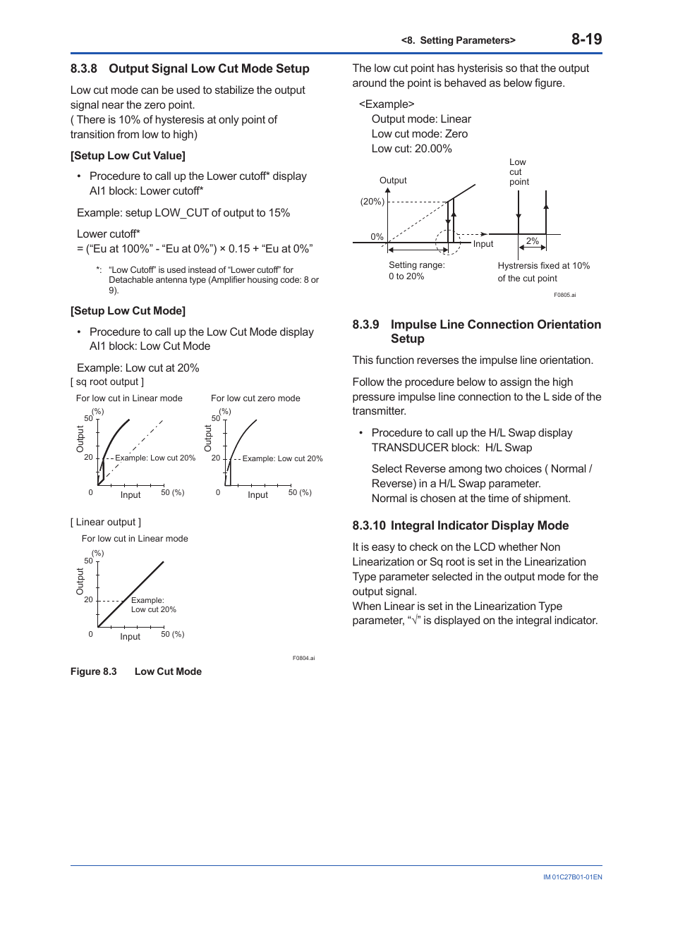 8 output signal low cut mode setup, 9 impulse line connection orientation setup, 10 integral indicator display mode | Output signal low cut mode setup -19, Impulse line connection orientation setup -19, Integral indicator display mode -19 | Yokogawa EJX430B User Manual | Page 57 / 110