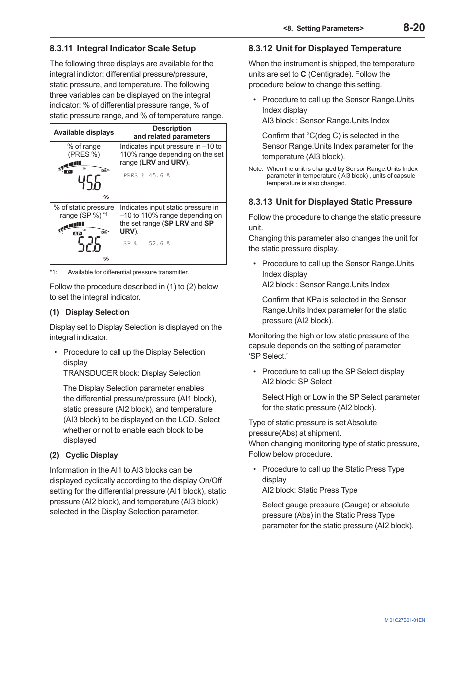 11 integral indicator scale setup, 12 unit for displayed temperature, 13 unit for displayed static pressure | Integral indicator scale setup -20, Unit for displayed temperature -20, Unit for displayed static pressure -20 | Yokogawa EJX430B User Manual | Page 58 / 110