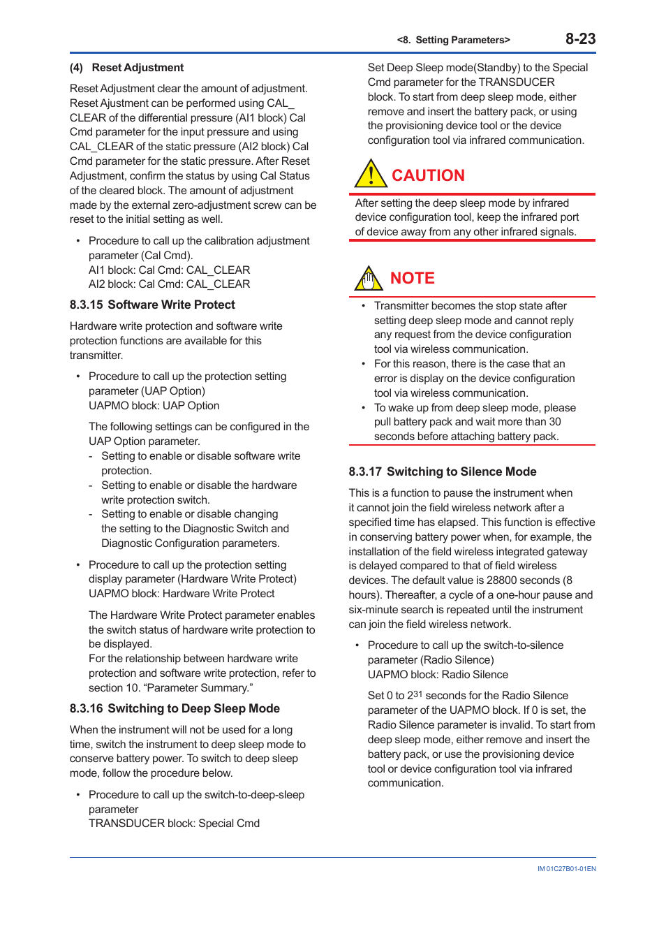 15 software write protect, 16 switching to deep sleep mode, 17 switching to silence mode | Software write protect -23, Switching to deep sleep mode -23, Switching to silence mode -23, Caution | Yokogawa EJX430B User Manual | Page 61 / 110