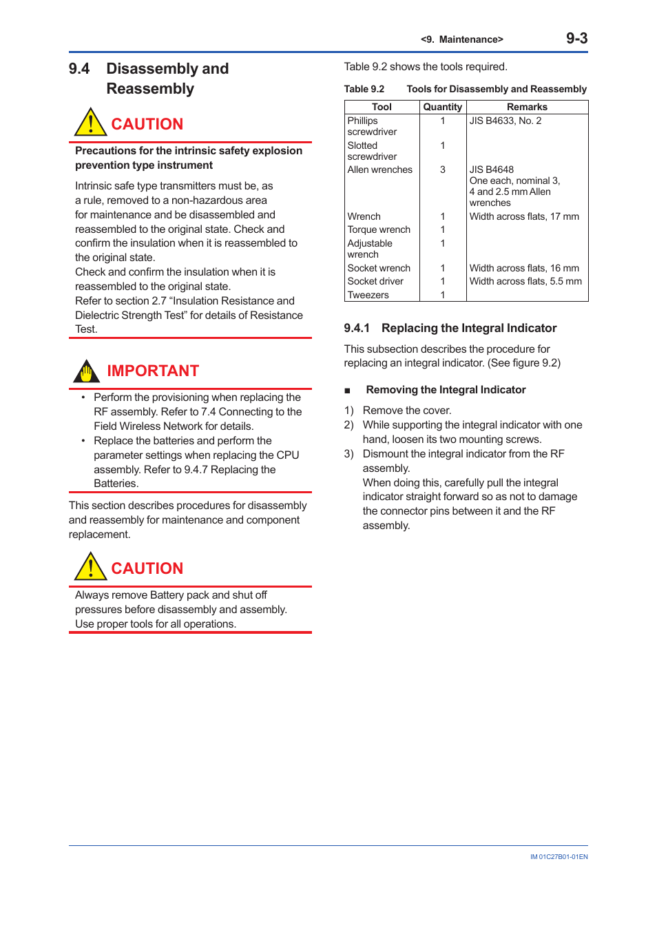 4 disassembly and reassembly, 1 replacing the integral indicator, Disassembly and reassembly -3 9.4.1 | Replacing the integral indicator -3, Caution, Important | Yokogawa EJX430B User Manual | Page 68 / 110