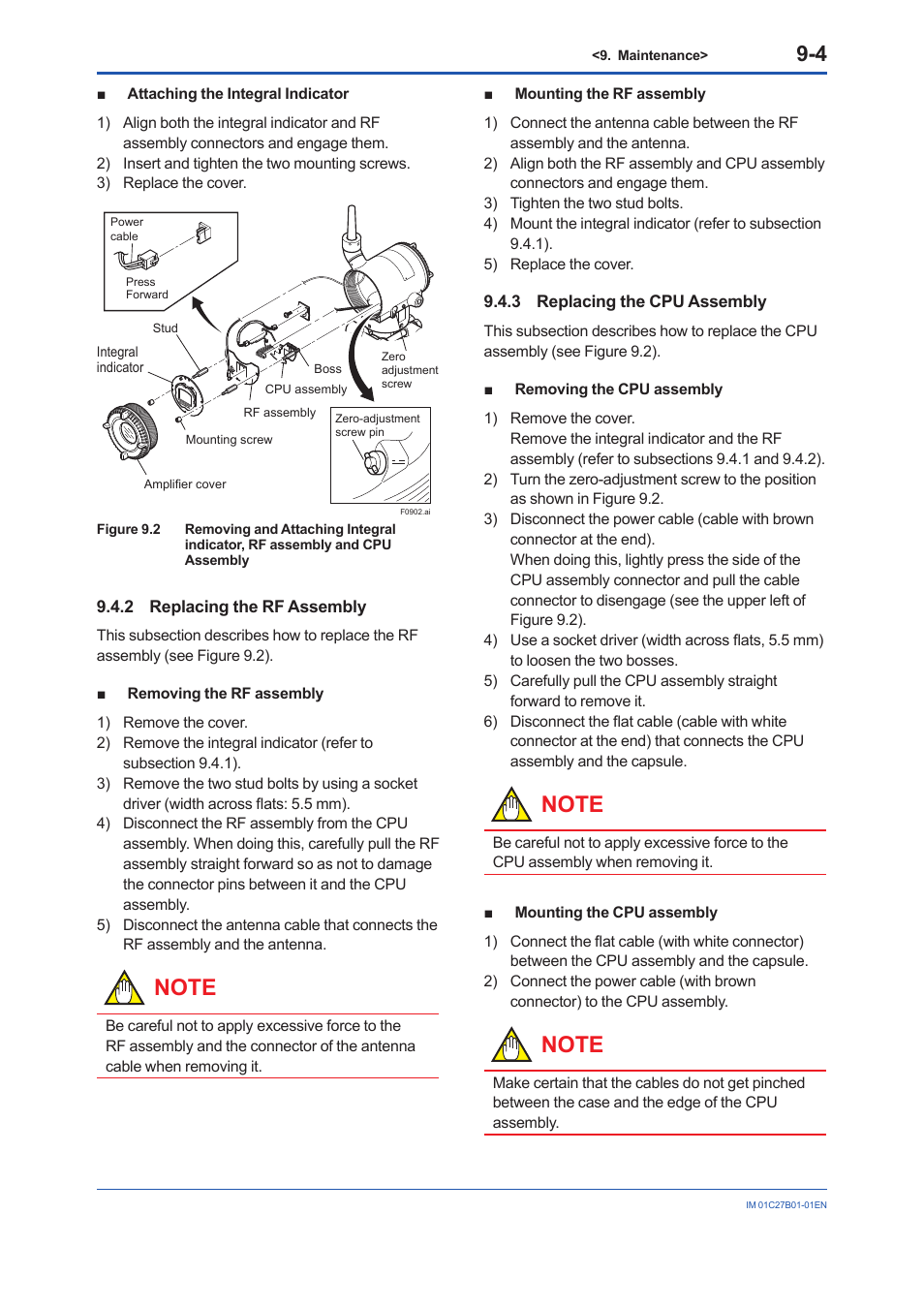 2 replacing the rf assembly, 3 replacing the cpu assembly, Replacing the rf assembly -4 | Replacing the cpu assembly -4 | Yokogawa EJX430B User Manual | Page 69 / 110