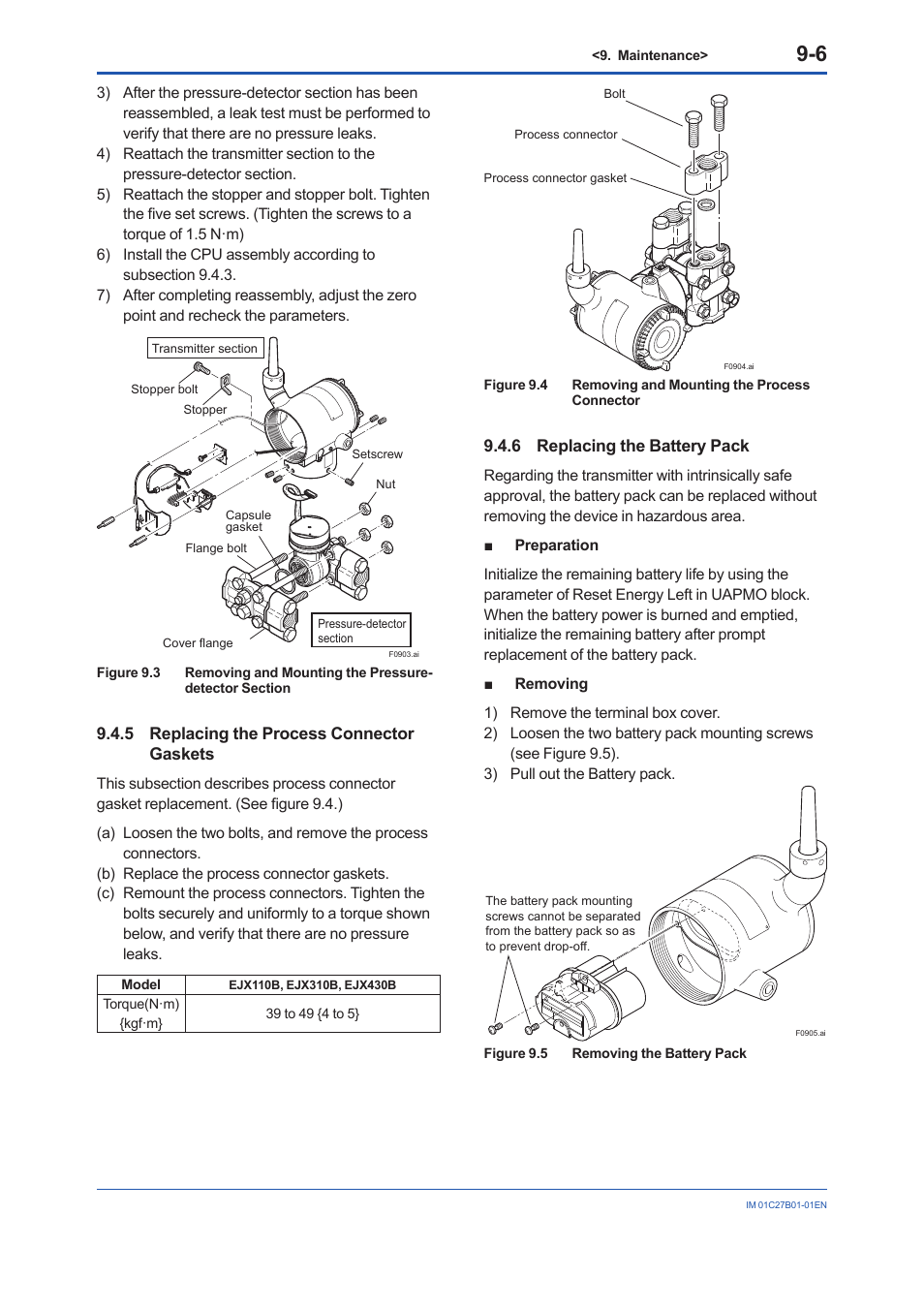 5 replacing the process connector gaskets, 6 replacing the battery pack, Replacing the process connector gaskets -6 | Replacing the battery pack -6 | Yokogawa EJX430B User Manual | Page 71 / 110