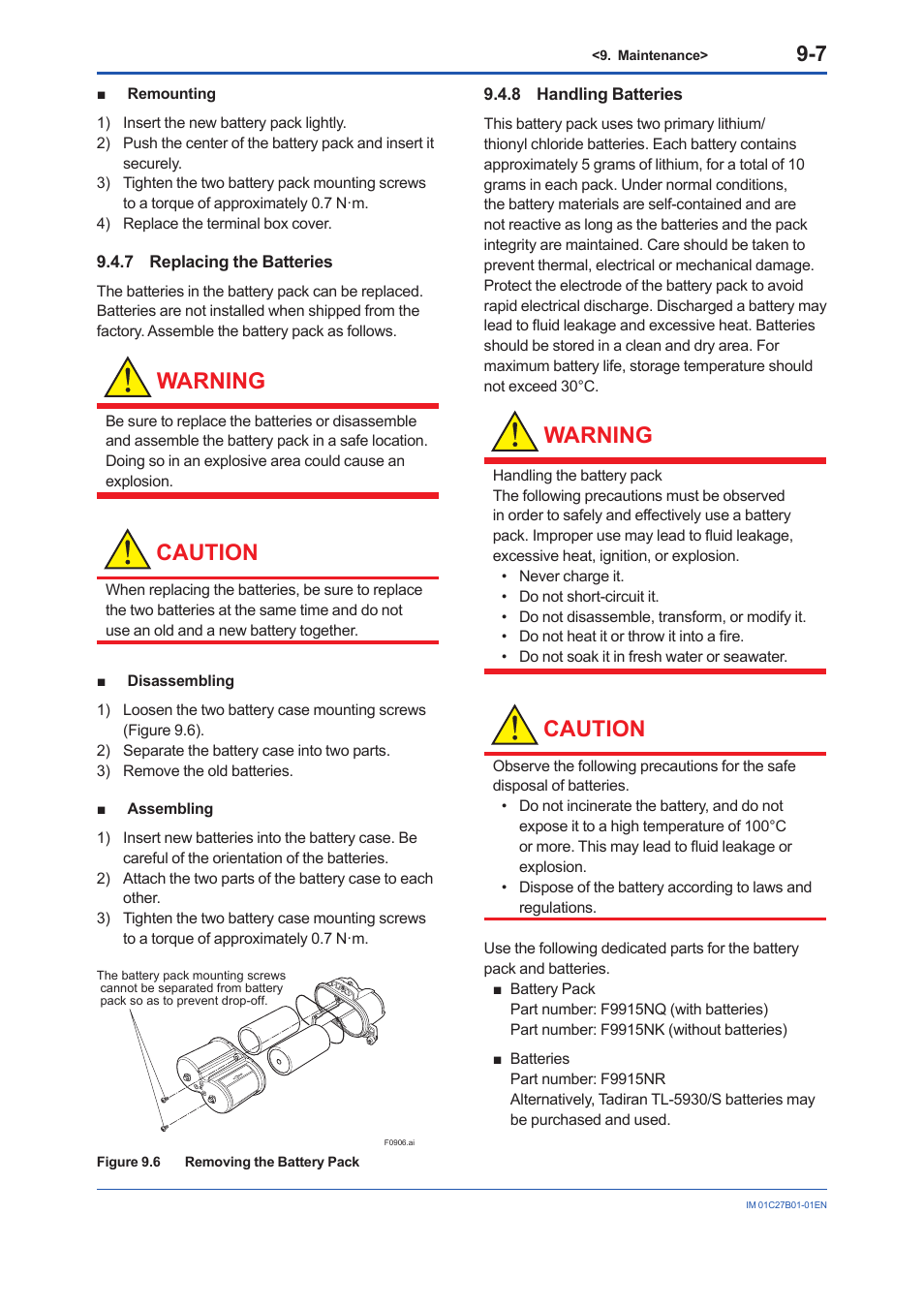 7 replacing the batteries, 8 handling batteries, Replacing the batteries -7 | Handling batteries -7, Warning, Caution | Yokogawa EJX430B User Manual | Page 72 / 110