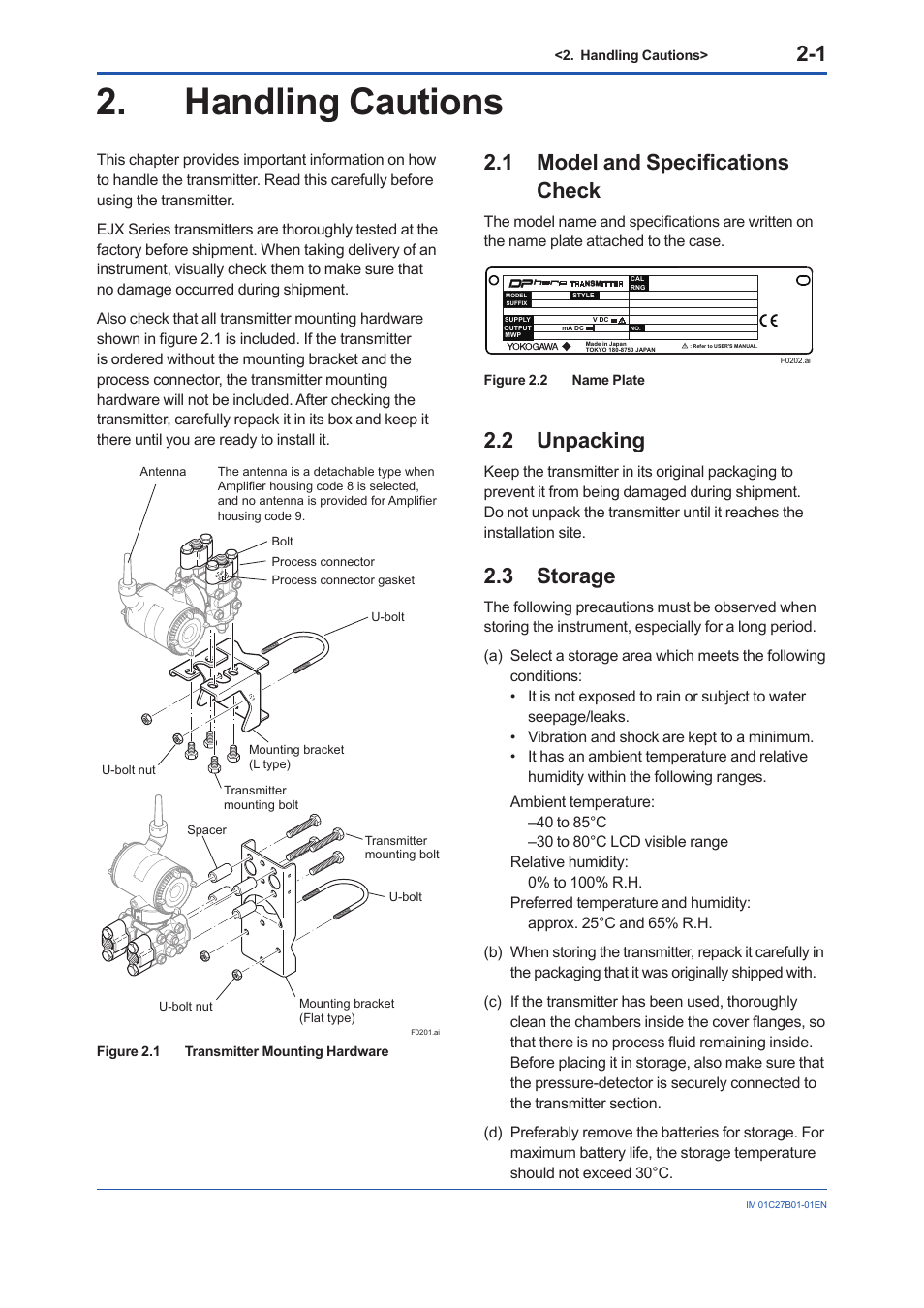 Handling cautions, 1 model and specifications check, 2 unpacking | 3 storage, Handling cautions -1, Model and specifications check -1, Unpacking -1, Storage -1 | Yokogawa EJX430B User Manual | Page 9 / 110