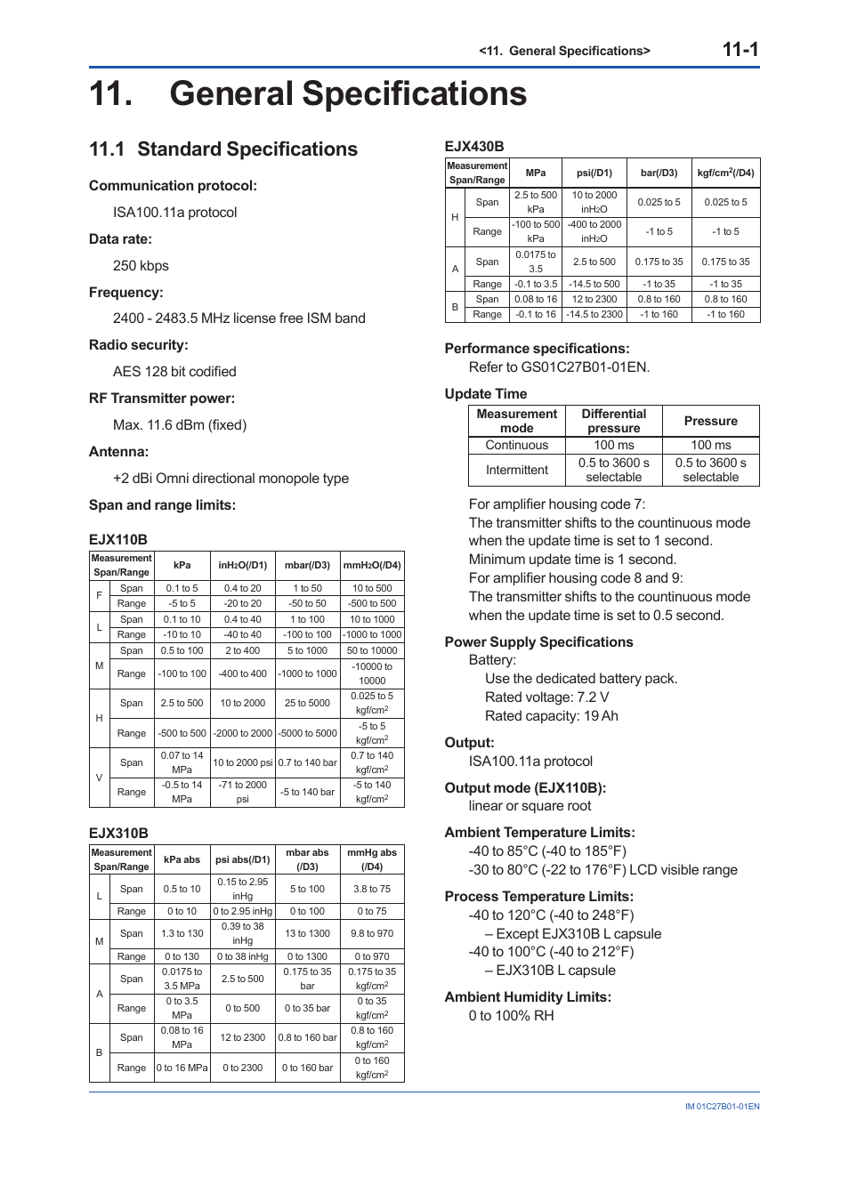 General specifications, 1 standard specifications, General specifications -1 | Standard specifications -1, Ejx310b, Ejx430b | Yokogawa EJX430B User Manual | Page 92 / 110