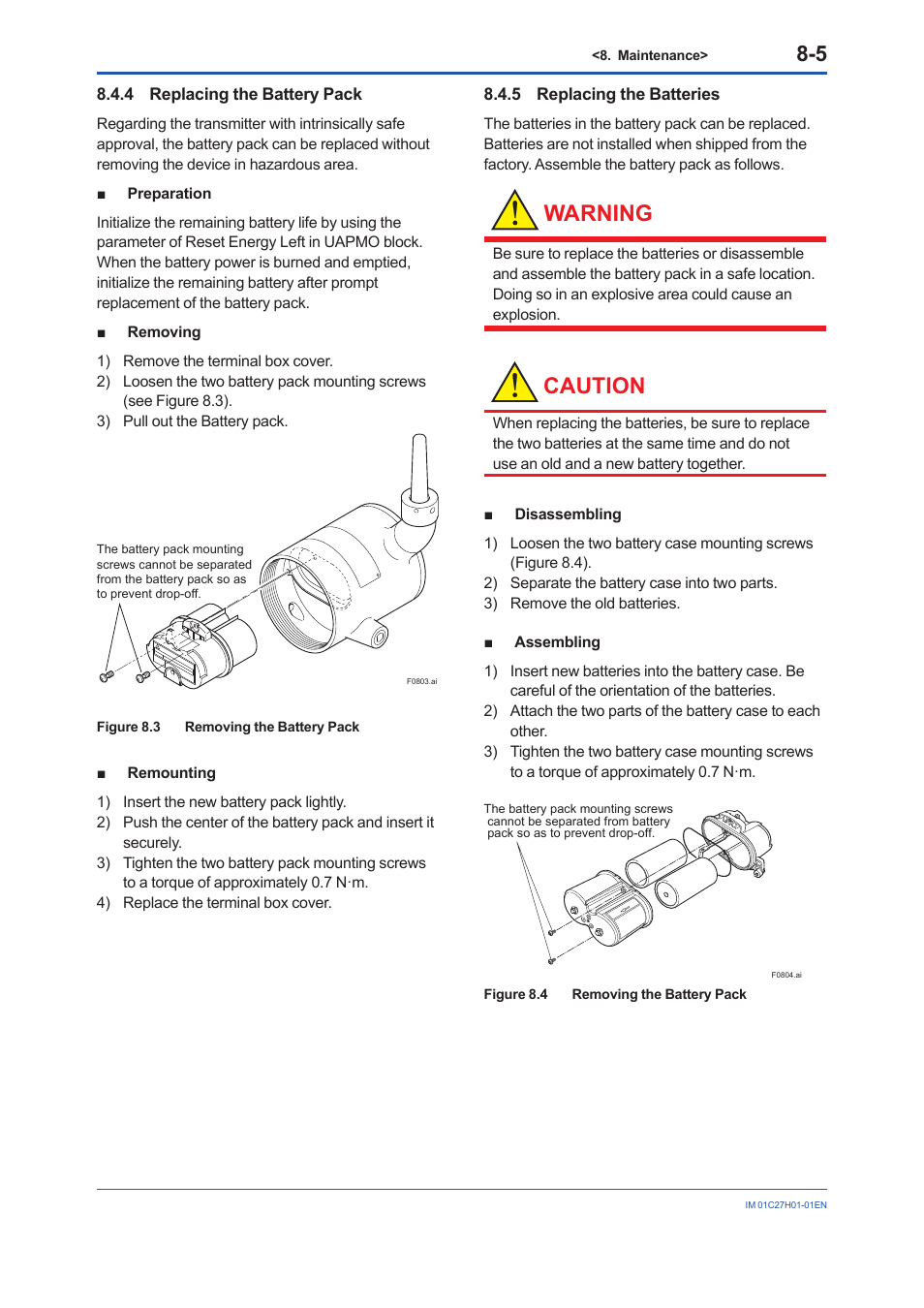 4 replacing the battery pack, 5 replacing the batteries, Replacing the battery pack -5 | Replacing the batteries -5, Warning, Caution | Yokogawa EJX438B User Manual | Page 66 / 104