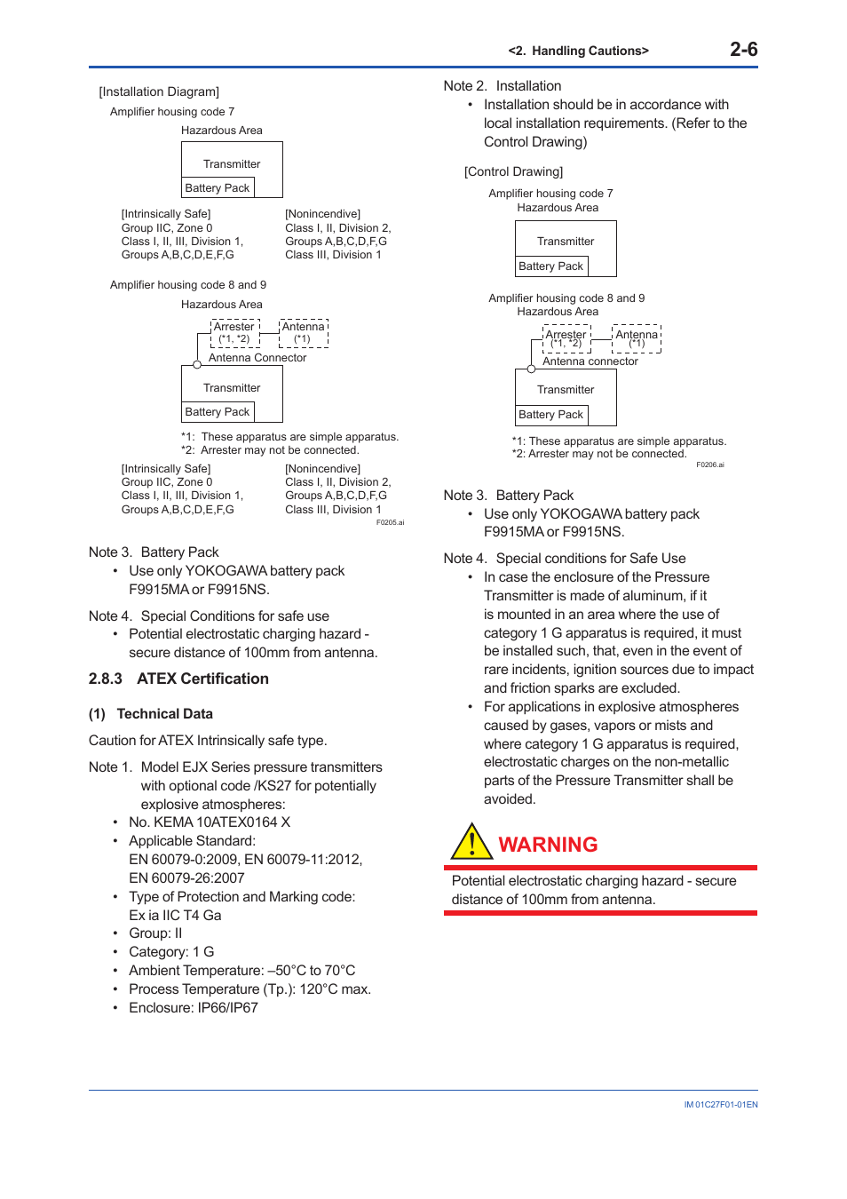 3 atex certification, Atex certification -6, Warning | Yokogawa EJX530B User Manual | Page 14 / 91