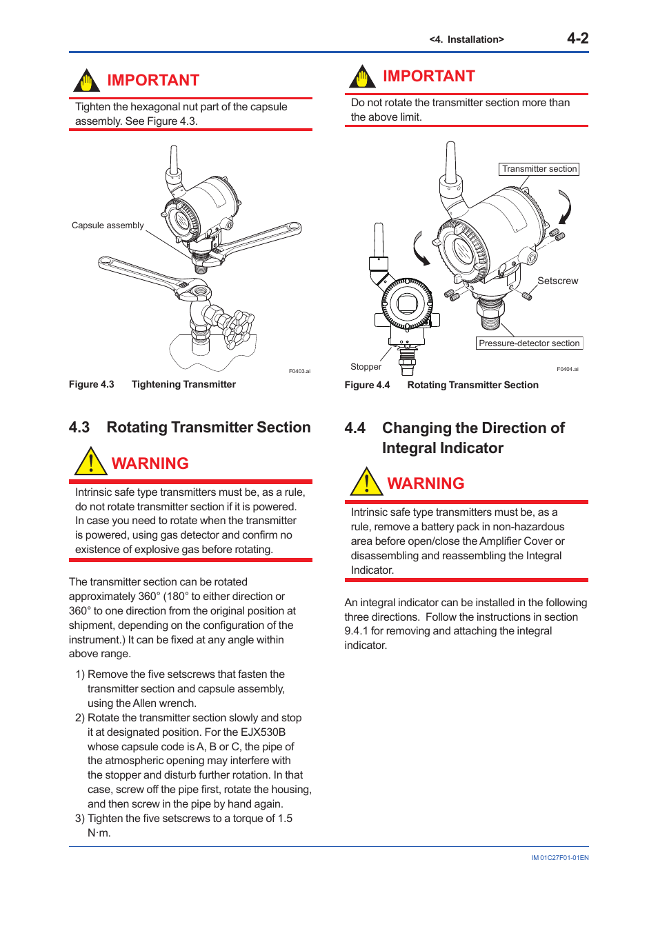3 rotating transmitter section, 4 changing the direction of integral indicator, Rotating transmitter section -2 | Changing the direction of integral indicator -2, Warning, Important | Yokogawa EJX530B User Manual | Page 21 / 91