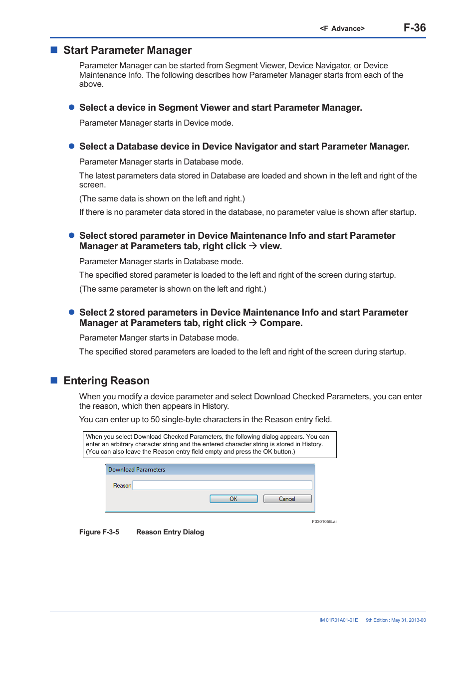 F-36, Start parameter manager, Entering reason | Yokogawa FieldMate User Manual | Page 155 / 384