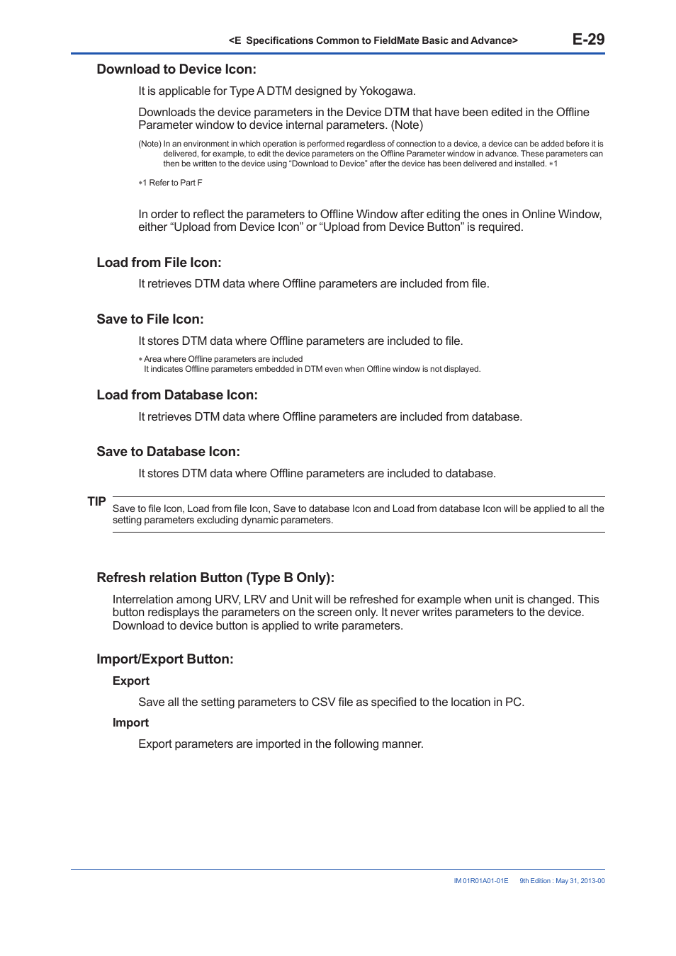E-29, Download to device icon, Load from file icon | Save to file icon, Load from database icon, Save to database icon, Refresh relation button (type b only), Import/export button | Yokogawa FieldMate User Manual | Page 79 / 384