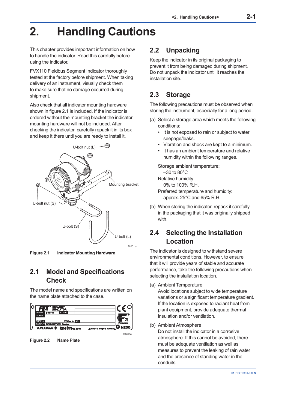 Handling cautions, 1 model and specifications check, 2 unpacking | 3 storage, 4 selecting the installation location, Handling cautions -1, Model and specifications check -1, Unpacking -1, Storage -1, Selecting the installation location -1 | Yokogawa FVX110 User Manual | Page 11 / 164