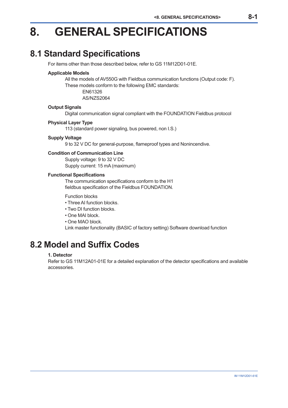 General specifications, 1 standard specifications, 2 model and suffix codes | General specifications -1, Standard specifications -1, Model and suffix code -1 | Yokogawa Multi Channel Oxygen Analyzer System ZR22/AV550G User Manual | Page 48 / 103