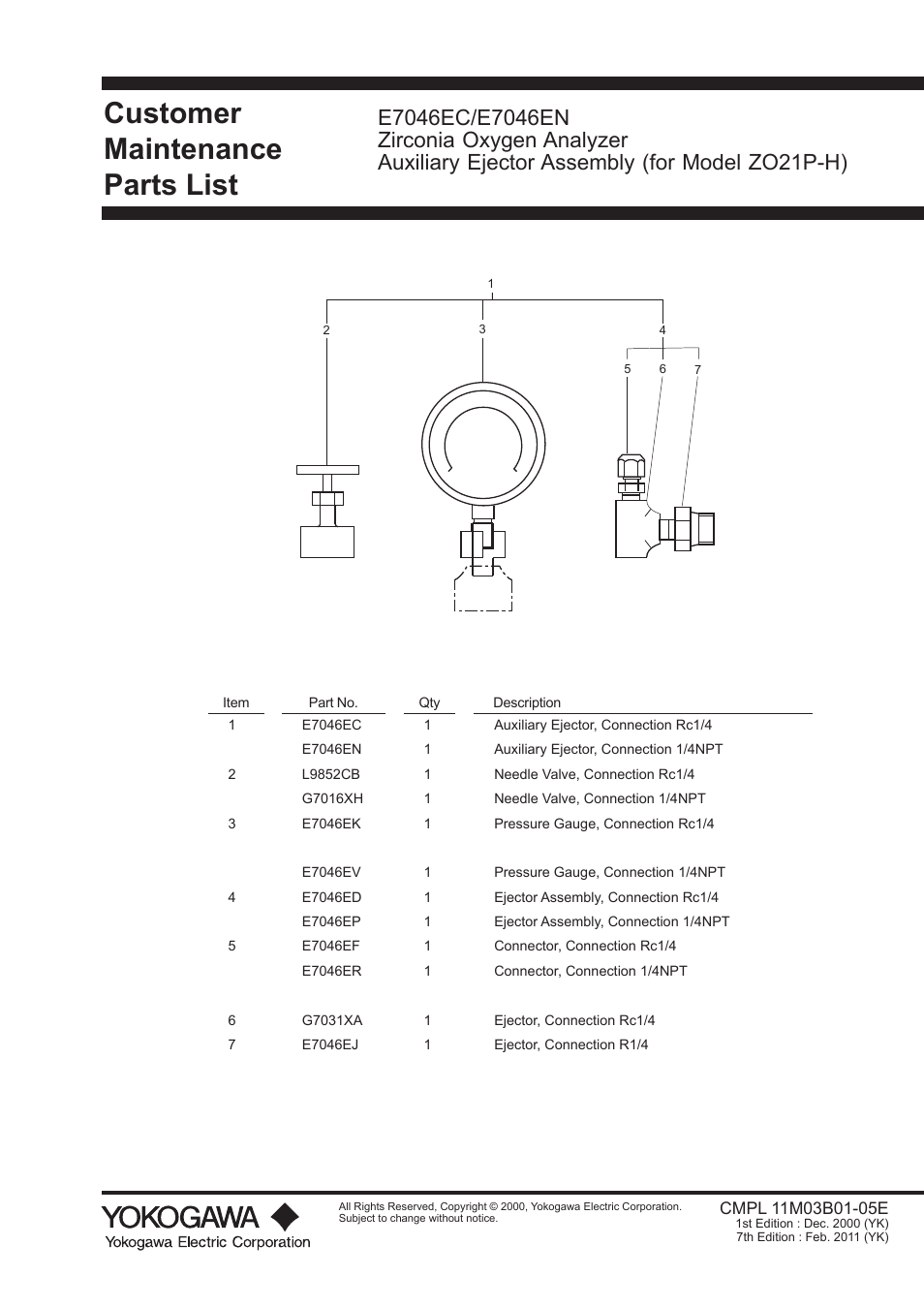 Customer maintenance parts list cmpl 11m03b01-05e, Customer maintenance parts list | Yokogawa Integral Oxygen Analyzer ZR202 User Manual | Page 187 / 190