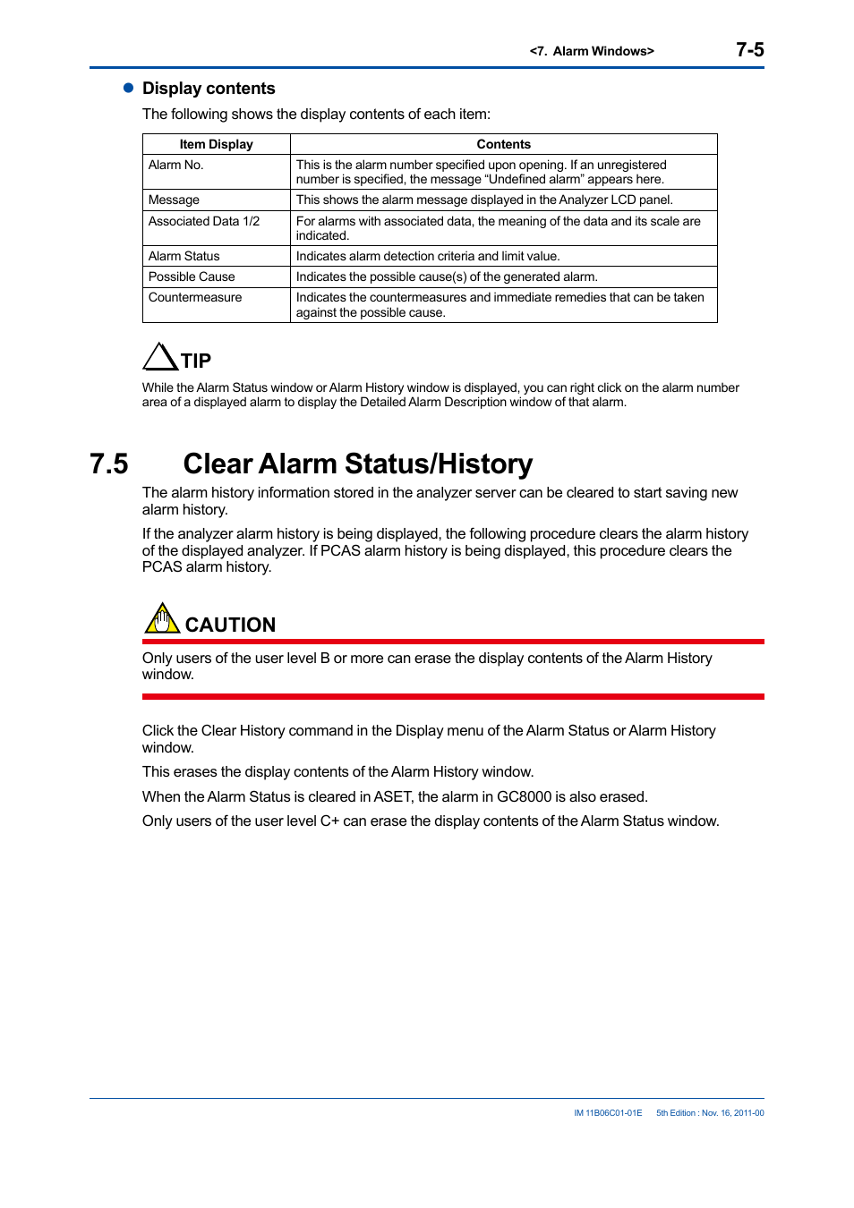 5 clear alarm status/history, Clear alarm status/history -5, Caution | Yokogawa GC8000 Process Gas Chromatograph User Manual | Page 176 / 197