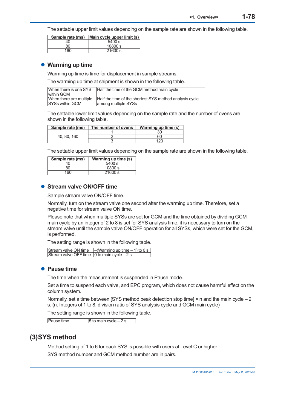 3) sys method, Warming up time, Stream valve on/off time | Pause time | Yokogawa GC8000 Process Gas Chromatograph User Manual | Page 105 / 537