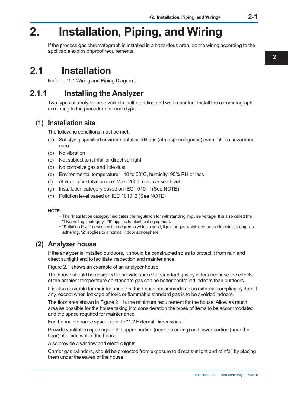 Installation, piping, and wiring, 1 installation, 1 installing the analyzer | 1) installation site, 2) analyzer house | Yokogawa GC8000 Process Gas Chromatograph User Manual | Page 118 / 537